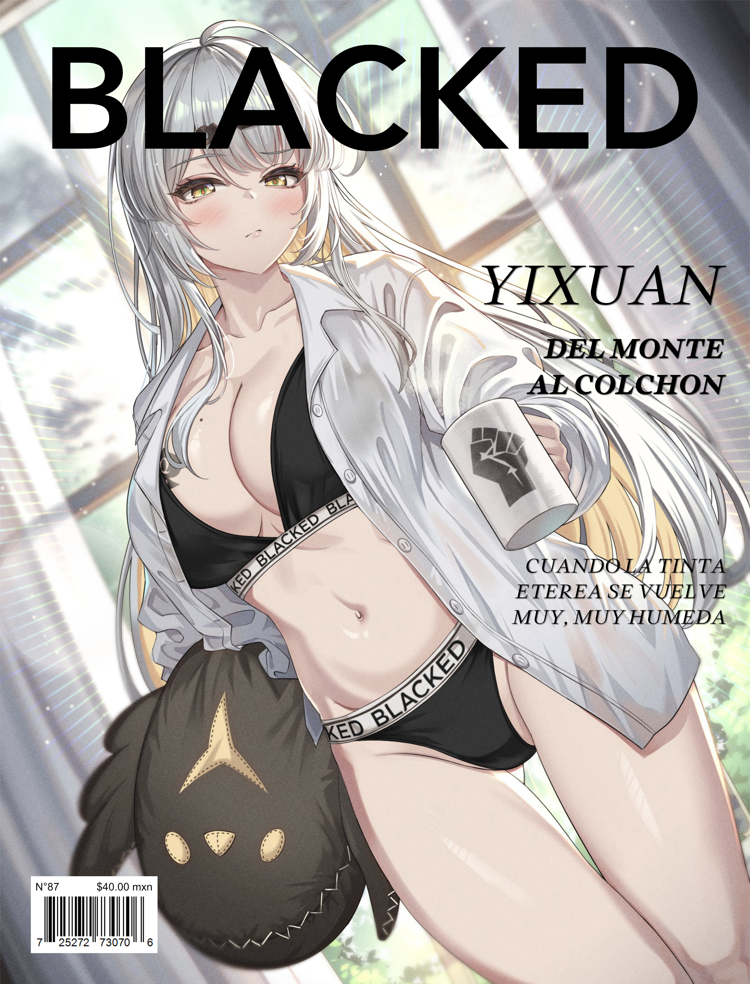 ahoge, black panties, black sports bra, blacked, blacked clothing, bra, breasts, caption, cenangam, clothes writing, edit, female, hair ornament, holding, holding cup, indoors, jacket, large breasts, long hair, looking at viewer, magazine cover, mole, mole on breast, panties, shirt, solo, spanish, spanish text, sports bra, stomach, stuffed toy, sunrise, underwear, underwear writing, white hair, window, yellow eyes, yixuan (zenless zone zero), zenless zone zero