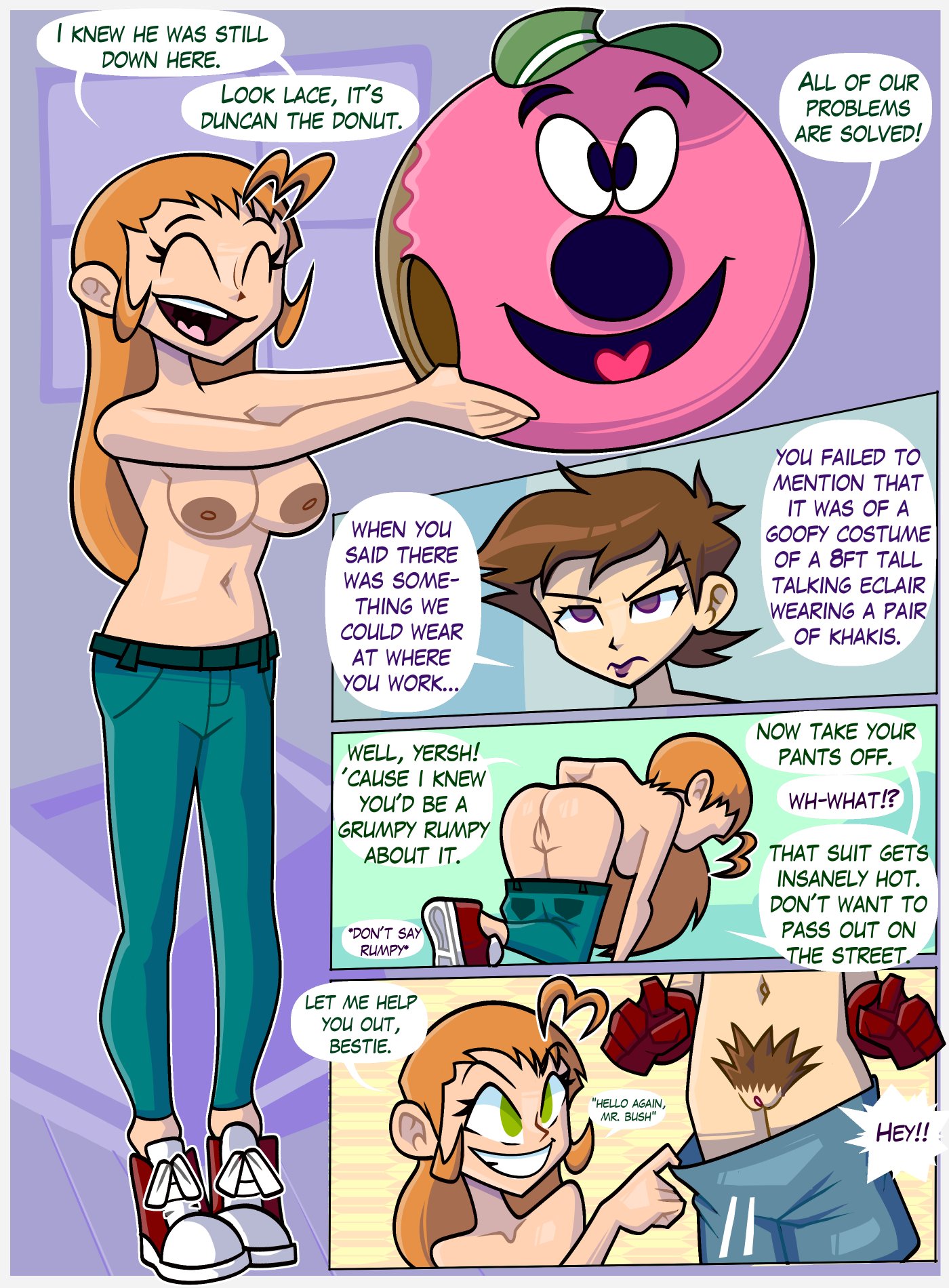 2girls, ass, assisted exposure, breasts, clothing, dark nipples, dialogue, embarrassed nude female, embarrassed nude female shameless nude female, english text, female, going commando, hairy pussy, kaiserrico, mascot head, no panties, nude, pantsing, pubic hair, pulling down pants, pussy, senftember, senftember (2025), shameless, shameless nude female, shaved pussy, tagme, topless female, undressing
