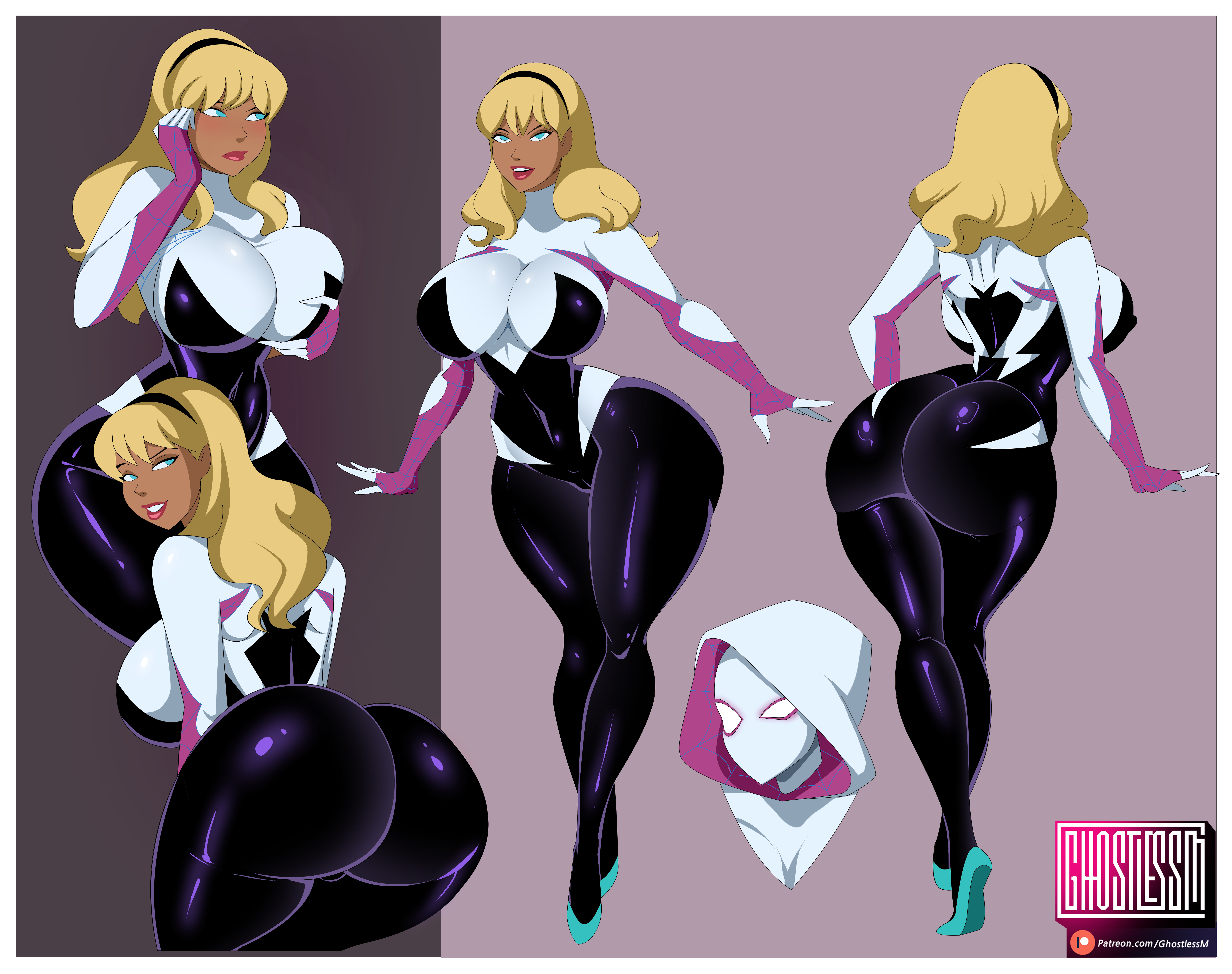 1girls, ass, ass shot, backboob, big ass, big breasts, blonde hair, blue eyes, bodysuit, breasts, close-up, digital media (artwork), female, female only, footwear, full body, ghostlessm, gwen stacy, hair, hand on head, hips, hoodie, huge ass, huge breasts, long hair, looking at viewer, looking back, marvel, marvel comics, multiple views, shoes, smile, solo, spider-gwen, spider-man (series), superhero costume, superheroine, tagme, thick thighs, thighs, wide hips