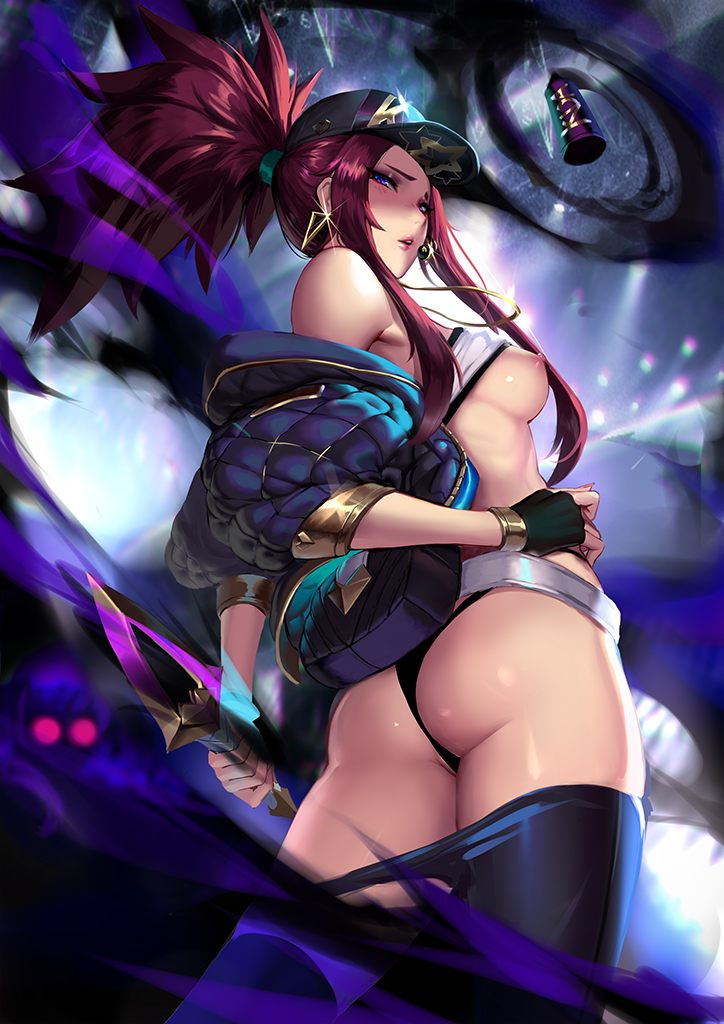 akali, alternate costume, ass, breasts, brown hair, cap, cianyo, female, k/da akali, k/da series, league of legends, lipstick, nipples, ponytail, solo, standing, thong