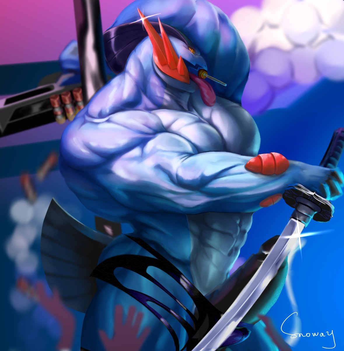 1boy abs anthro arm_up armpits ass audience big_biceps big_pecs big_penis blue_skin bulge candy clothing cum erection food gun huge_ass huge_penis jockstrap katana leaking lollipop long_penis male male_only melee_weapon muscular muscular_male nintendo no_nipples pecs penis pokémon_(species) pokemon pokemon_oras pokemon_rse pole precum ranged_weapon snoway solo stripper_pole swampert sword text thick_penis thick_thighs tongue topless underwear video_games watermark weapon white_belly wide_hips wide_shoulders