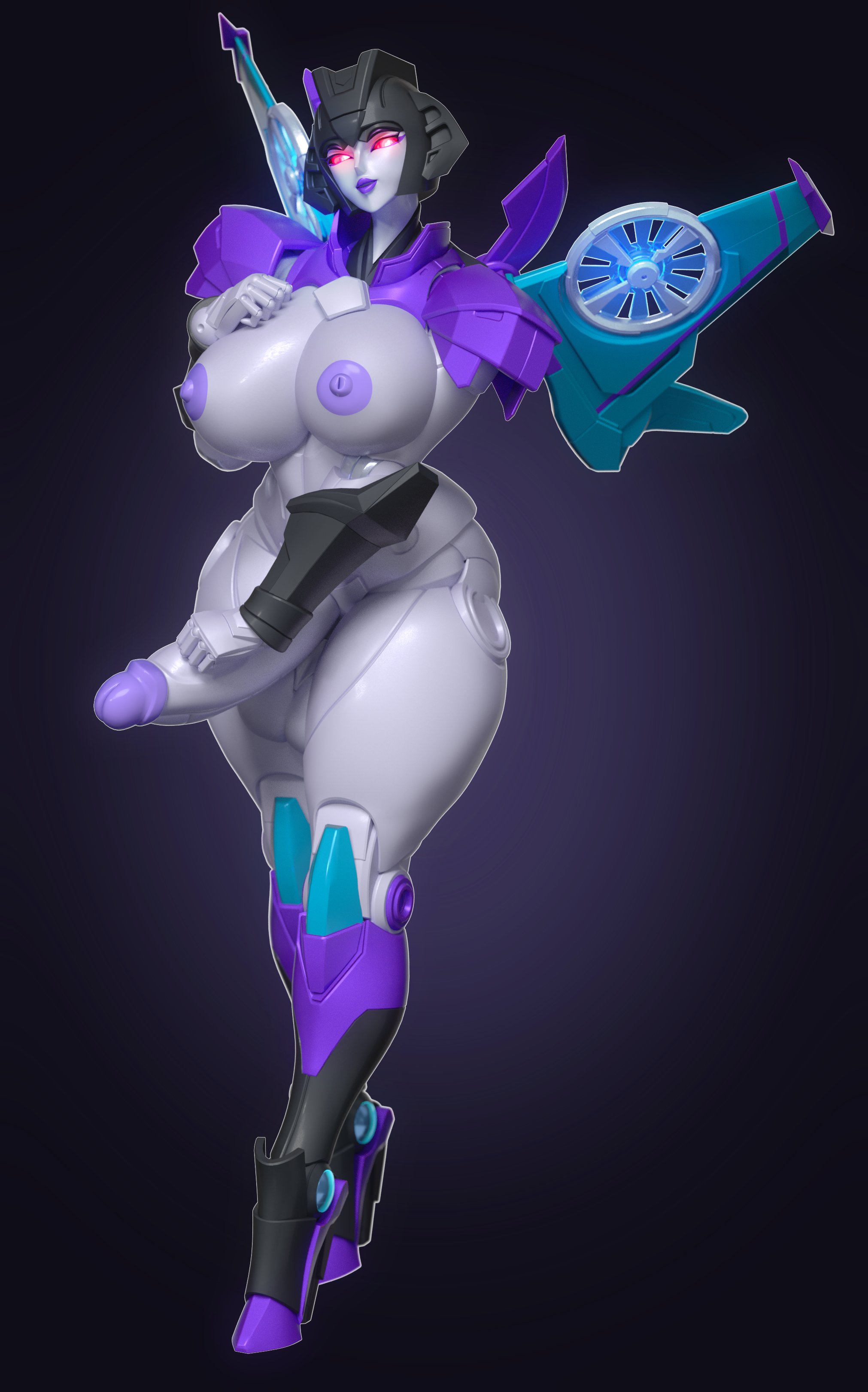 3d, 3d (artwork), areolae, balls, big breasts, breasts, breasts out, cybertronian, decepticon, erection, female, futa only, futanari, intersex, looking at viewer, nipples, penis, red eyes, robot, robot girl, seductive, seductive look, seeker (transformers), slipstream, transformers, trawert