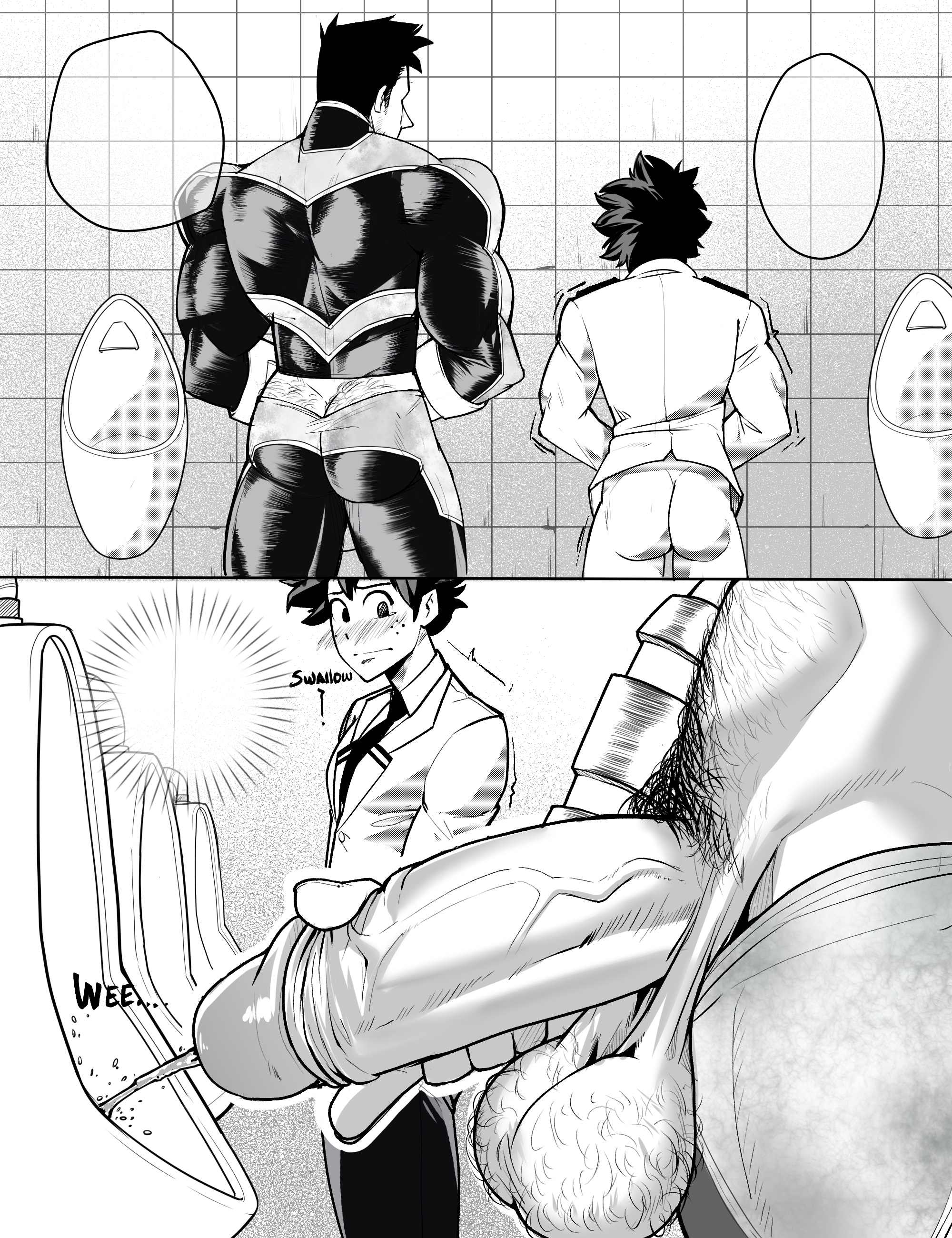 2boys, ass, balls, blush, boku no hero academia, endeavor (boku no hero academia), endeavor (my hero academia), enji todoroki, gay, hairy, hairy balls, izuku midoriya, leroyyoreel, looking at penis, male, male focus, male only, my hero academia, peeing, penis, pubic hair, testicles, toilet, urinal, urine, yaoi