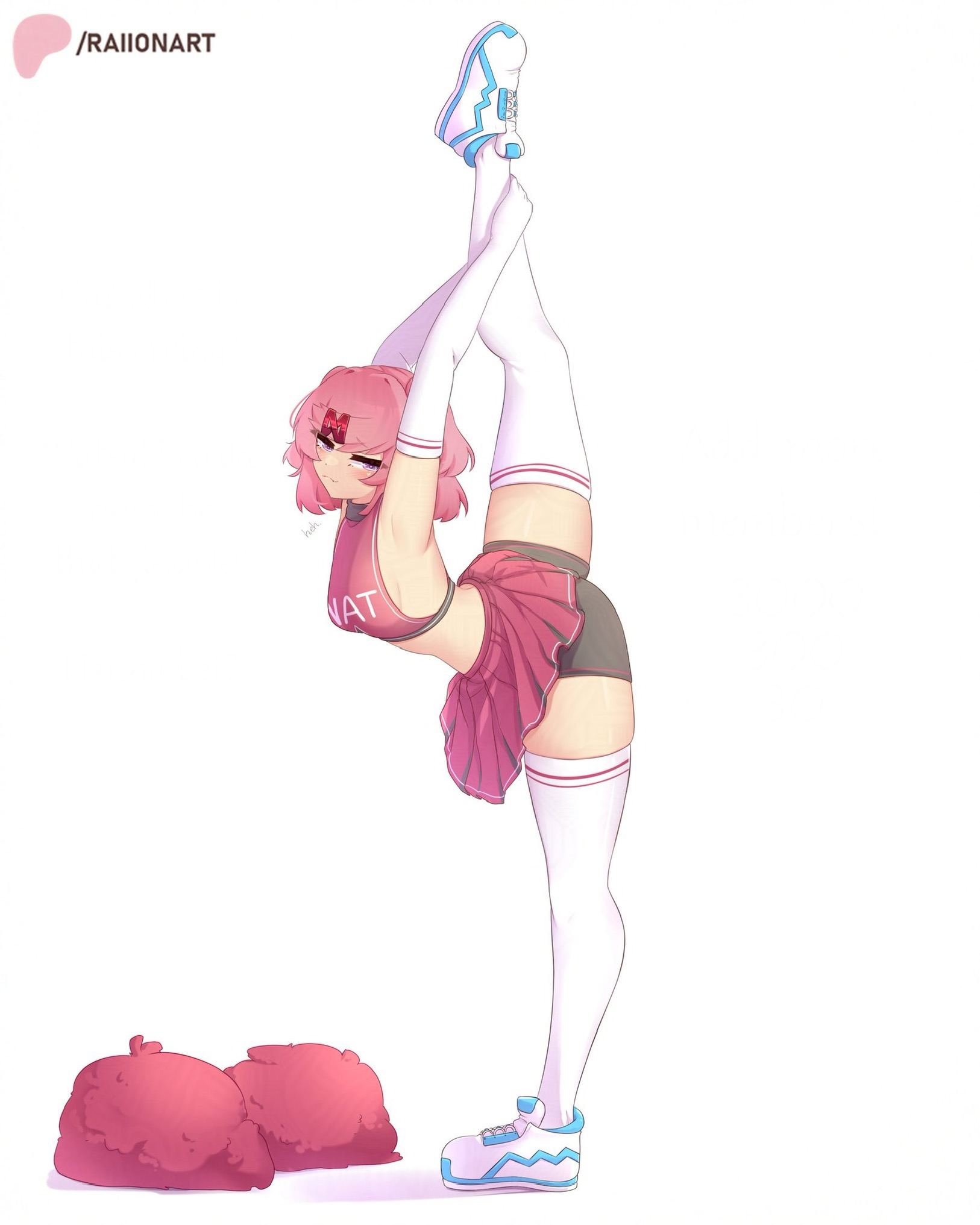 1girls, armpits, bare midriff, breasts, cheerleader, doki doki literature club, female, female only, gymnastics, leg above head, leg grab, leg lift, natsuki (doki doki literature club), pink eyes, pink hair, pom poms, pose, posing, posing for the viewer, raionart, raised leg, short hair, side view, sideboob, skirt, skirt lift, small breasts, smug, smug face, smug grin, sneakers, solo, spats, spread legs, stretch, stretching, thick thighs, thighhighs, thighs