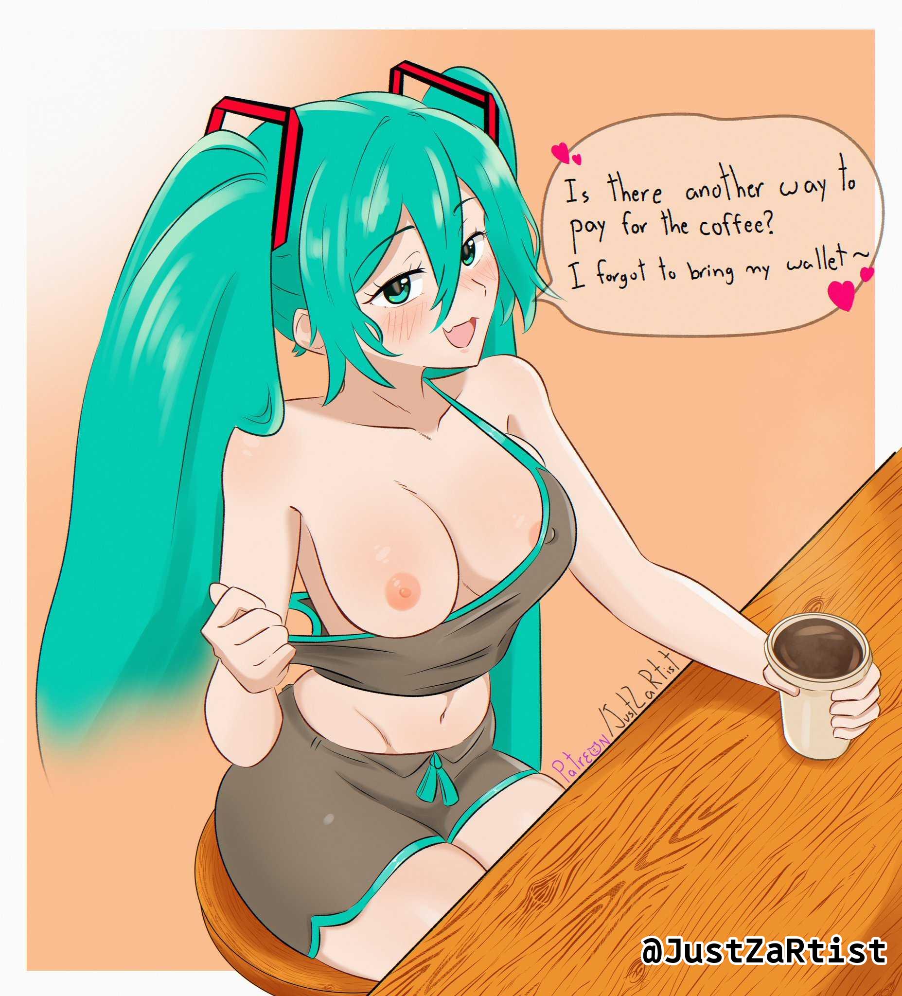 1girl, 1girls, 2d, 2d (artwork), 2d artwork, alternate breast size, aqua eyes, aqua hair, areolae, bare arms, bare belly, bare breasts, bare chest, bare hands, bare navel, bare nipples, bare shoulders, bare skin, bare tits, belly, belly button, big breasts, black camisole, black shorts, blue eyebrows, blue eyes, blue hair, blue-eyed female, blue-haired female, blush, blush face, blushing at viewer, blushing female, blushing lines, breasts, busty, busty female, busty girl, camisole, coffee, coffee mug, collarbone, covered nipples, cup, cyan eyes, cyan hair, cyan-eyed female, cyan-haired female, dialogue, dialogue bubble, digital, digital art, digital drawing, digital drawing (artwork), digital media, digital media (artwork), english, english dialogue, english text, exposed arms, exposed belly, exposed breasts, exposed chest, exposed navel, exposed nipples, exposed shoulders, exposed skin, exposing, exposing breasts, exposing chest, exposing nipple, exposing self, eyebrows visible through hair, fang, female, female focus, female only, fingers, flashing, from above, groin, hair between eyes, hair ornament, hatsune miku, high resolution, highres, holding cup, hourglass figure, inviting, inviting to fuck, inviting to sex, inviting viewer, justzartist, large boobs, large breasts, lean figure, legs closed, legs together, long hair, looking at viewer, looking up, looking up at viewer, midriff, mug, narrow waist, navel, nipple bulge, nipples, one breast out, open mouth, open mouth smile, orange background, parted lips, presenting breasts, ready for sex, ready to fuck, shorts, shoulders, showing breasts, showing chest, showing nipple, simple background, sitting, slender body, slender waist, slim waist, smile, smiley face, smiling, smiling at viewer, solo, speech bubble, table, talking, text, text bubble, thick thighs, thighs, thighs together, tongue, twintails, twintails (hairstyle), uncensored, uncensored breasts, uncensored nipples, upper body, very long hair, very long hair female, vocaloid, white background, wide hips