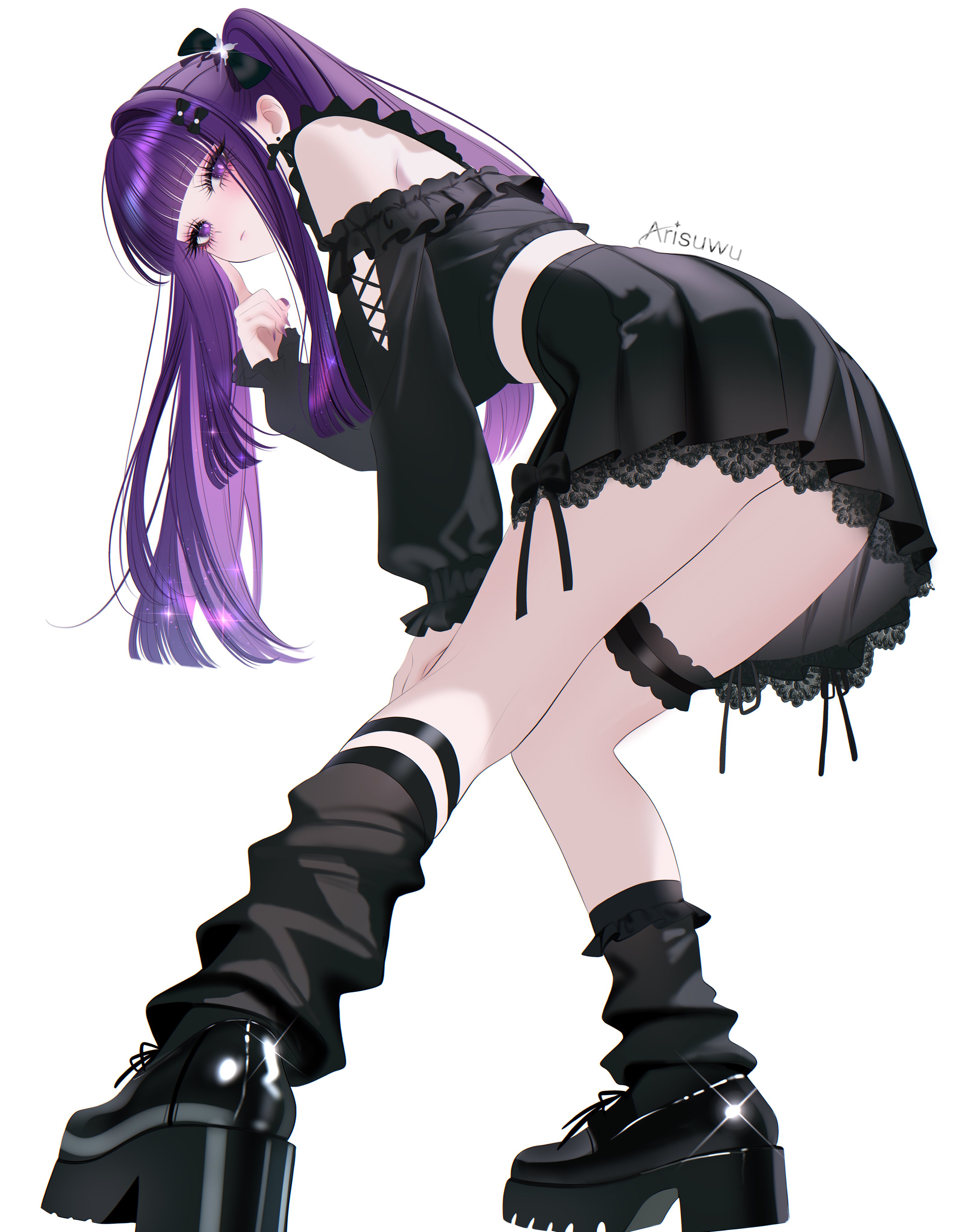 707arisu, absurdres, artist name, bare shoulders, black bow, black shoes, black skirt, black socks, blunt bangs, blush, bow, breasts, closed mouth, commentary, contemporary, earrings, female, fern (sousou no frieren), from behind, from below, full body, goth, goth girl, hair ornament, hand on own cheek, hand on own face, hand on own knee, highres, jewelry, kneehighs, leaning forward, legs, long hair, long sleeves, looking at viewer, nail polish, off shoulder, off-shoulder shirt, pleated skirt, purple eyes, purple hair, purple nails, purple pupils, shirt, shoes, sidelocks, simple background, skirt, socks, solo, sousou no frieren, straight hair, thigh strap, thighs, twintails, white background
