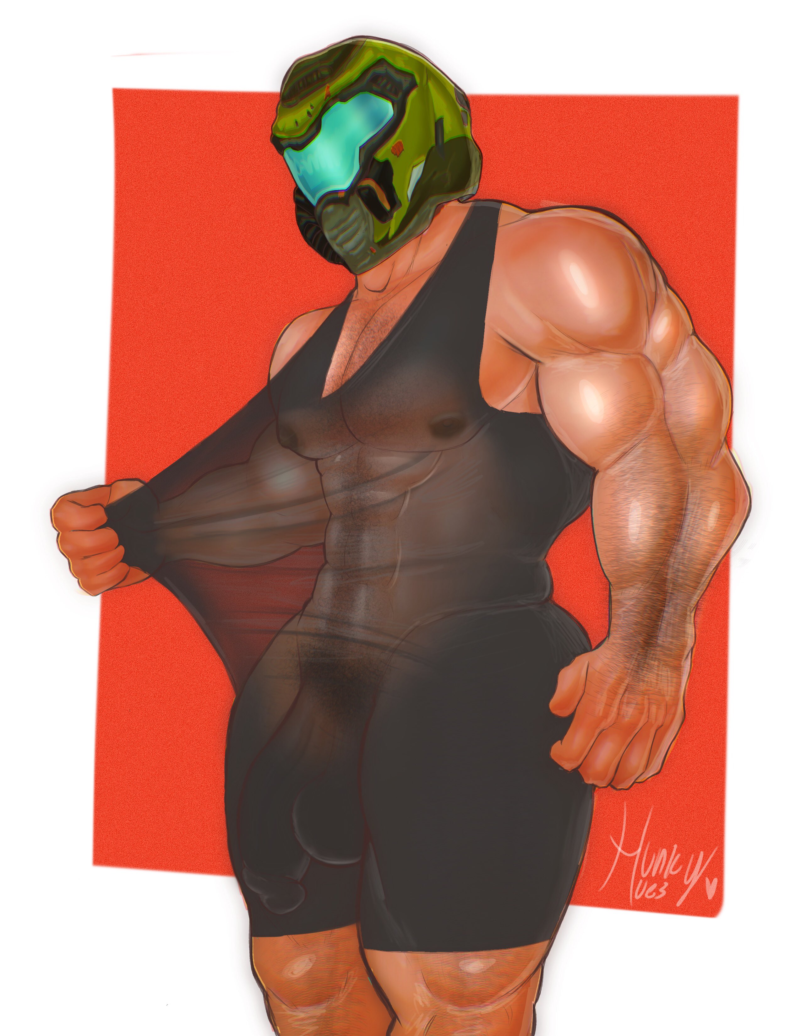 1boy, abs, arm hair, artist name, balls, bara, doom, doom slayer (doom), hunkyhuesnsfw, male, male focus, male only, muscular, muscular arms, muscular chest, muscular male, nipples, pecs, penis, pubic hair, solo, solo male, yaoi