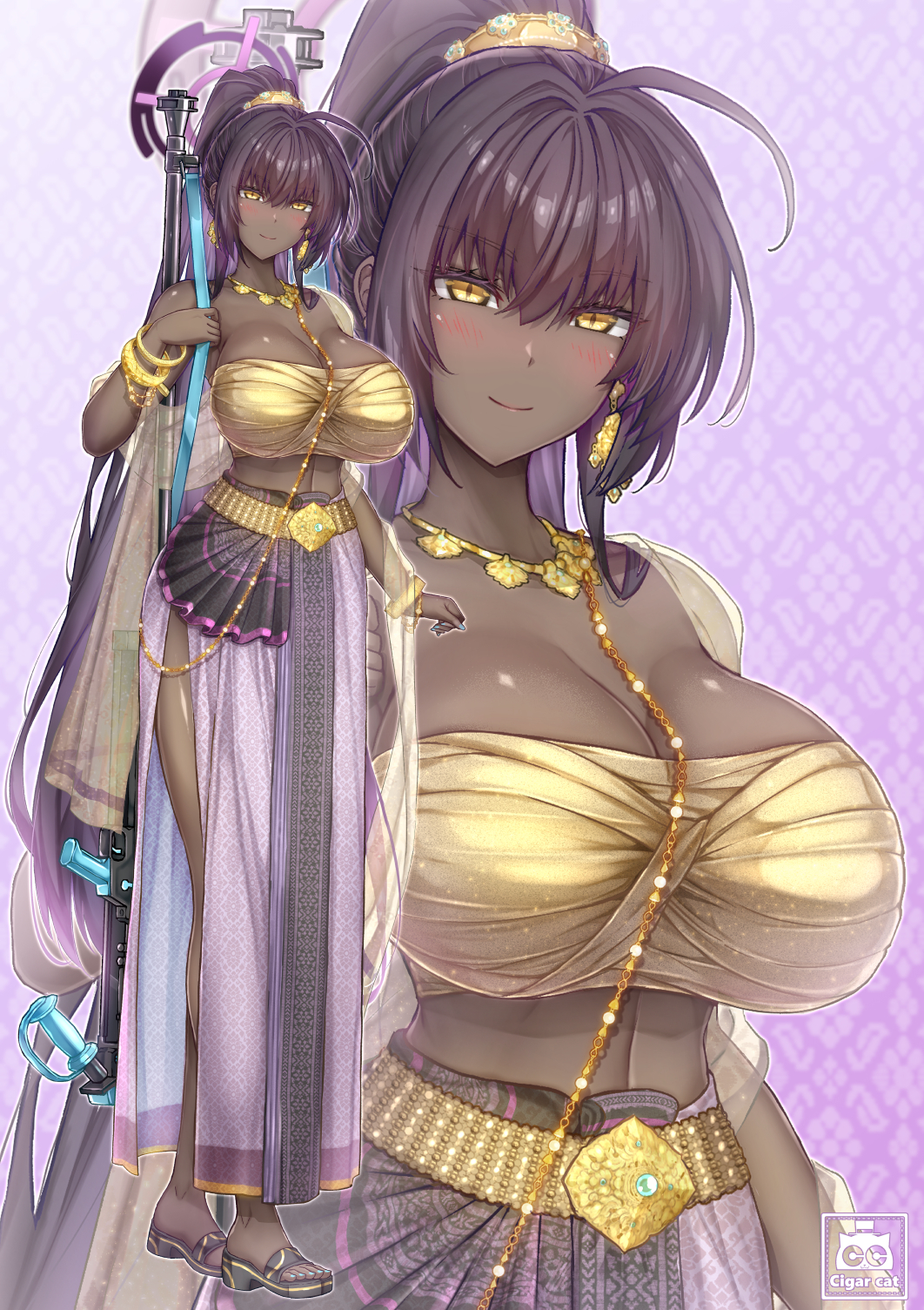 1girls, bare shoulders, belt, blue archive, blush, bracelet, breasts, cigar cat, cleavage, curvy, dark skin, dark-skinned female, dress, earrings, female, female only, full body, gun, halo, highres, jewelry, karin (blue archive), large breasts, long hair, long skirt, looking at viewer, navel, ponytail, sandals, sarashi, shiny skin, side slit, skirt, smile, solo, very long hair, weapon, wide hips, zoom layer