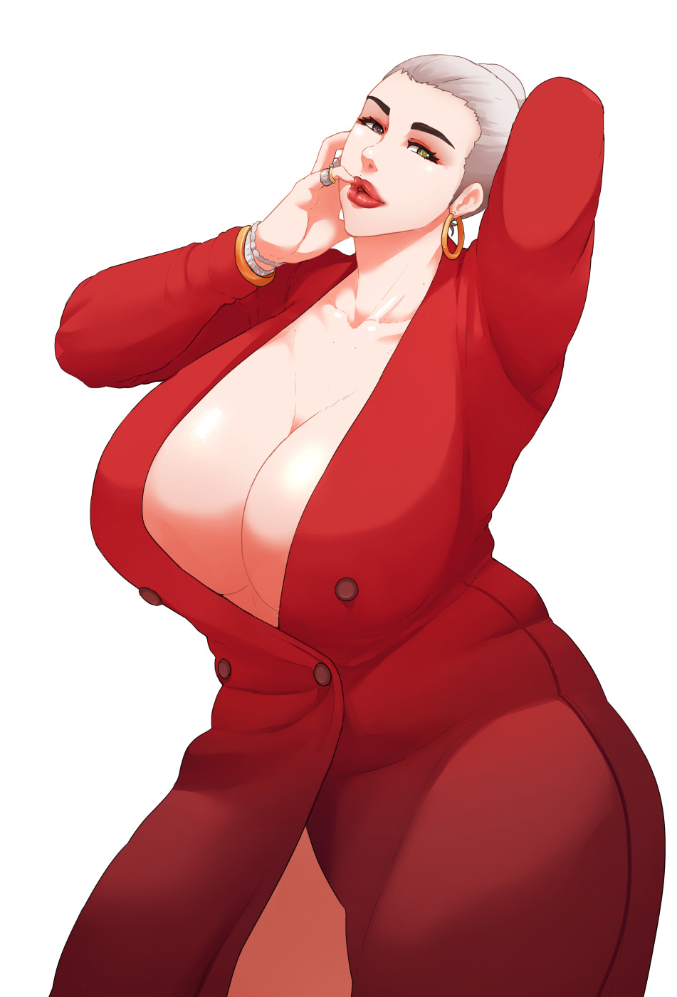 1girls, arms up, ass, blonde hair, bracelet, breasts, cleavage, clothed, donaught, earrings, eyeliner, eyeshadow, female, female only, gilf, green eyes, grey hair, huge ass, huge breasts, human, jewelry, large breasts, lipstick, makeup, milf, no bra, original character, ponytail, red dress, red eyeliner, red eyeshadow, red lipstick, red makeup, source request, thick lips, thick thighs, white hair, wide hips