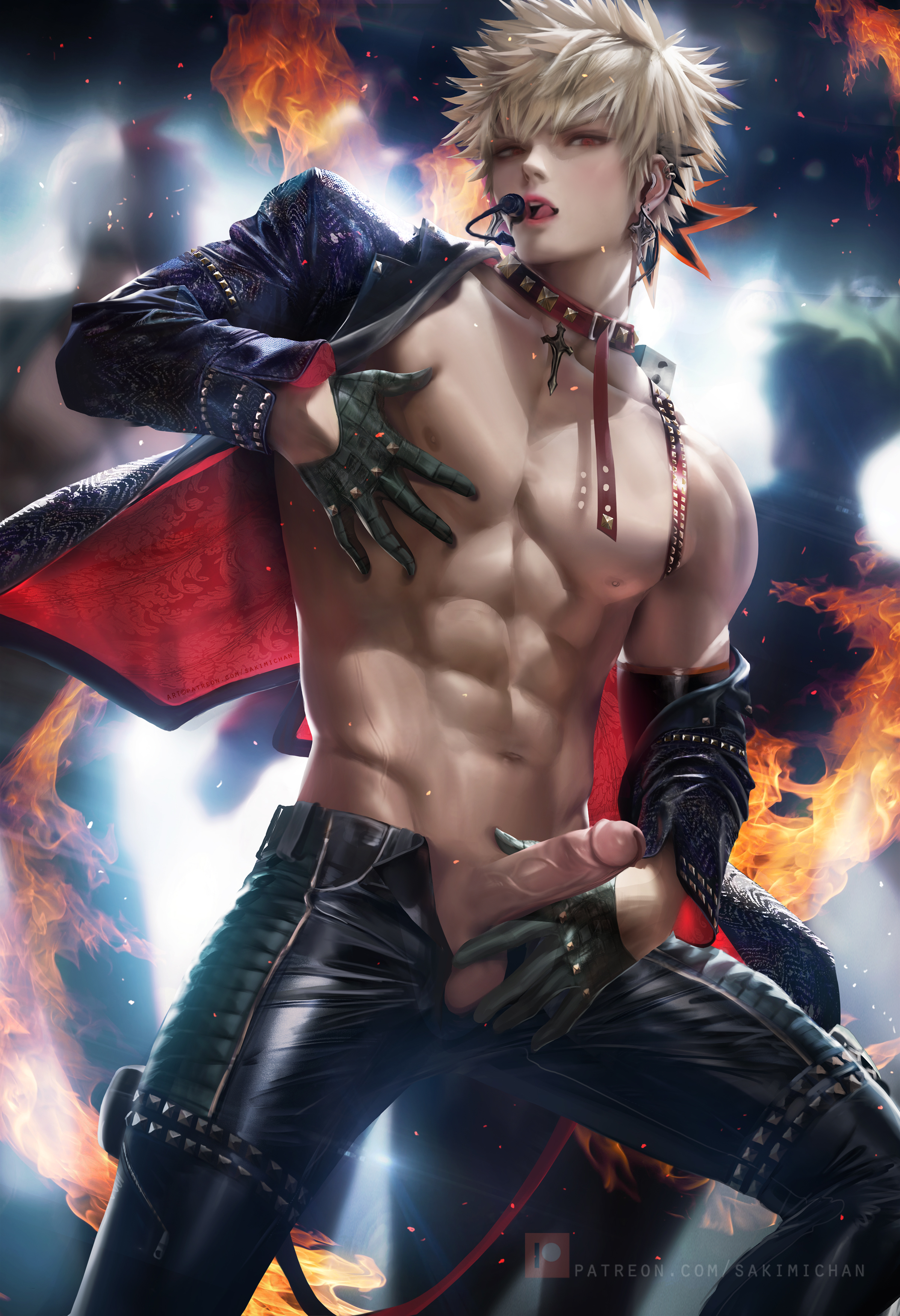 artist name, highres, katsuki bakugou, male, male only, my hero academia, nude, penis, sakimichan, solo, watermark