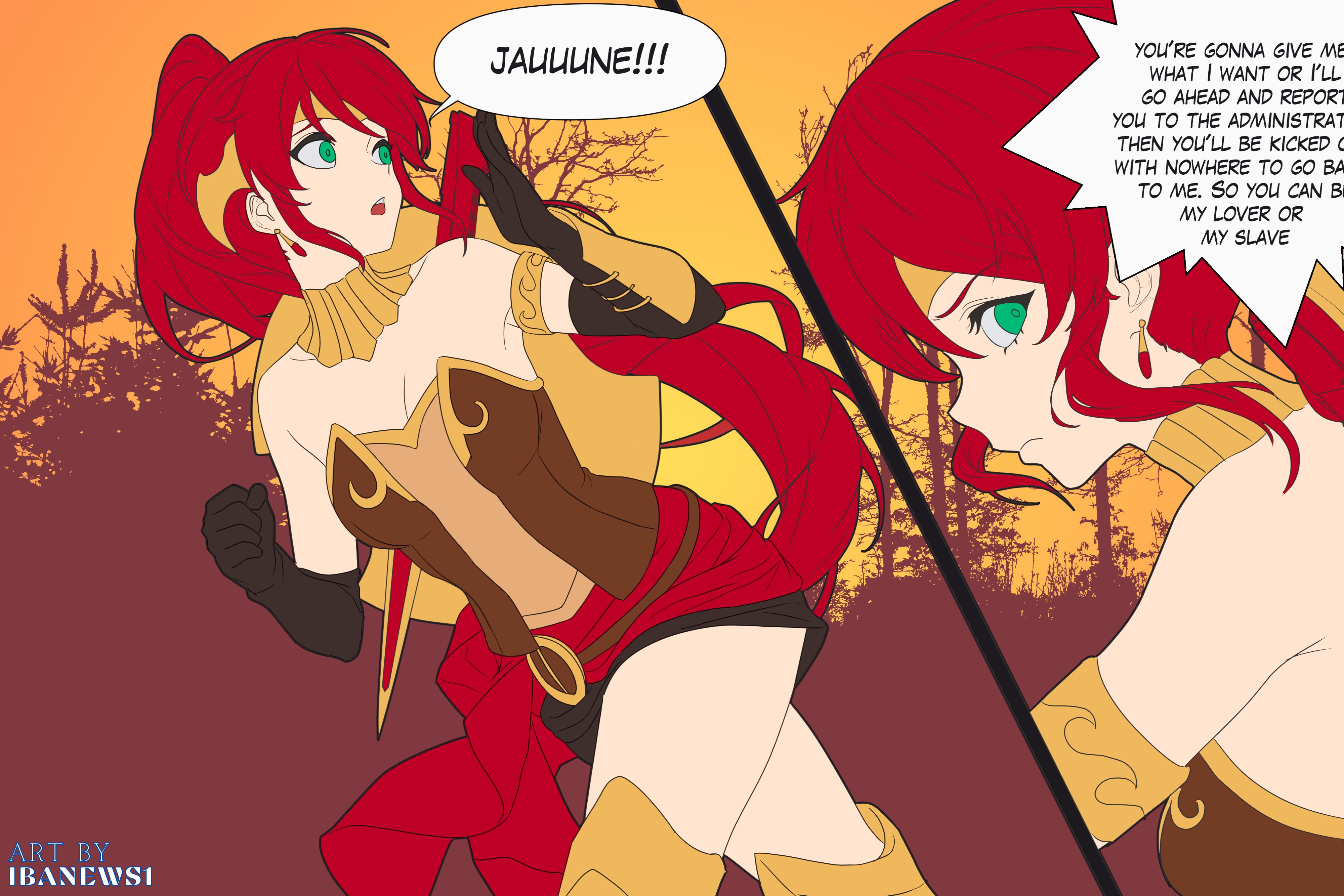 1girls, armor, armored corset, bangs, breasts, circlet, corset, dialogue, dubious consent, english, english text, female, female only, forest, forest background, gorget, greaves, green eyes, high ponytail, ibanews1, imminent rape, large breasts, long hair, offscreen character, on model, ponytail, pyrrha nikos, red hair, red sash, rwby, sash, shiny hair, shiny skin, sidelocks, speech bubble, story, tagme, teenage female, teenager