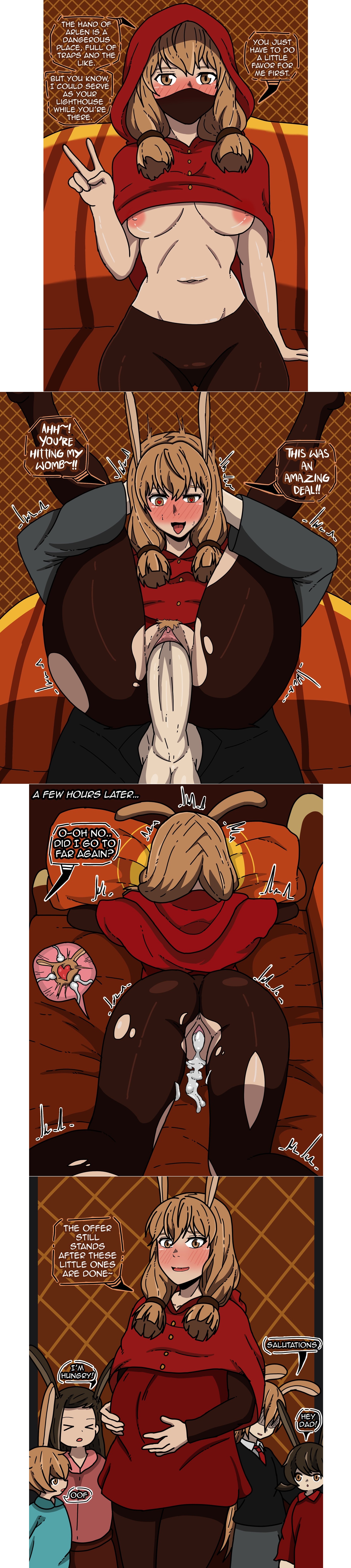 after sex, after vaginal, apoelayoshi7, balls, blush, breasts, breasts out, brown eyes, brown hair, bunny ears, bunny girl, cameltoe, clitoris, comic, couch, cum, cum in pussy, cum inside, ears up, english, english dialogue, english text, female, full nelson, full nelson (legs held), full nelson vaginal, heart, heart-shaped pupils, hood, hood up, impregnation, lying, lying down, lying on couch, male, mask, masked, masked female, medium breasts, nipples, offspring, pantyhose, penetration, penis, penis in pussy, pillow, pillow grab, pregnant, pregnant female, pubic hair, pussy, rabbit ears, rabbit girl, red shirt, straight, straight sex, time skip, tongue, tongue out, torn clothes, torn clothing, torn pantyhose, tower of god, twenty-fifth baam, twintails, v sign, xia xia