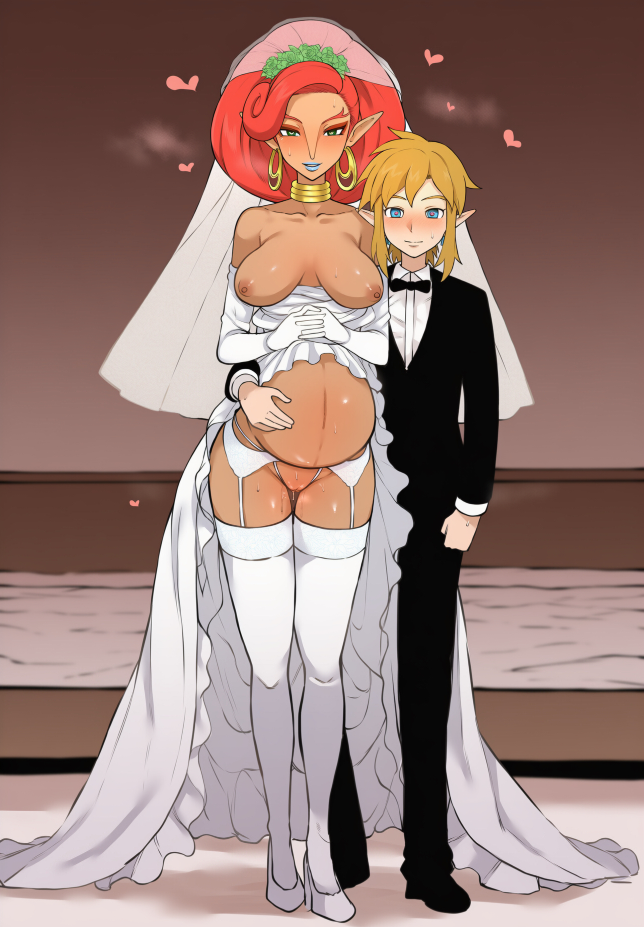 ai generated, black woman, bowtie, bride, female, hand on stomach, hands clasped, heart-shaped pupils, hearts around head, husband and wife, interracial, link, link (breath of the wild), link (tears of the kingdom), pregnant, shortstack, suit, the legend of zelda, urbosa, wedding dress, wedding veil, white man
