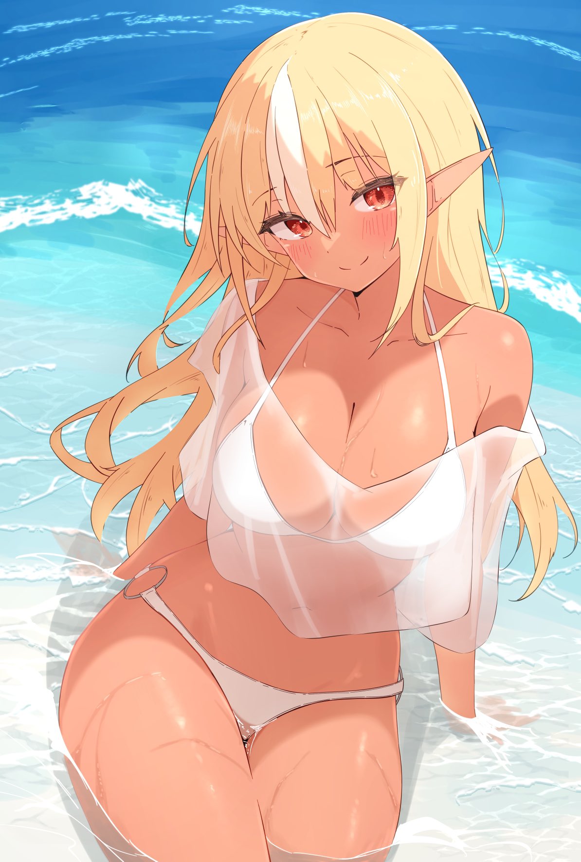 bikini, blonde hair, breasts, cleavage, collarbone, covered navel, dark skin, dark-skinned female, elf, female, hair between eyes, halterneck, highres, hololive, hololive fantasy, hololive japan, large breasts, long hair, looking at viewer, multicolored hair, o-ring, o-ring bikini, o-ring bottom, off shoulder, outdoors, pointy ears, red eyes, see-through clothes, see-through shirt, sen (sen42724788), sen (senkuden), shiranui flare, shirt, sitting on water, smile, solo, streaked hair, swimsuit, thighs, virtual youtuber, water, wet, white bikini, white hair