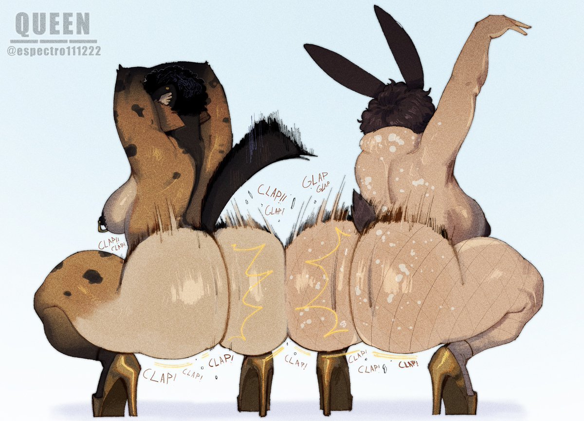2girls, anthro, areolae, arms up, ass, ass clapping, ass to ass, big ass, big breasts, black hair, breasts, brown hair, clapping cheeks, commission, crouching, espectro111222, fat ass, female, female only, fishnet legwear, fishnets, furry, furry only, heels, huge ass, hyena, lagomorph, large ass, nipple piercing, nipples, nude, nude female, piercing, rabbit, rear view, shoes, squatting, tail, take your pick, thick ass, thick thighs, thunder thighs, twerking, twerking with arm raised, wide hips
