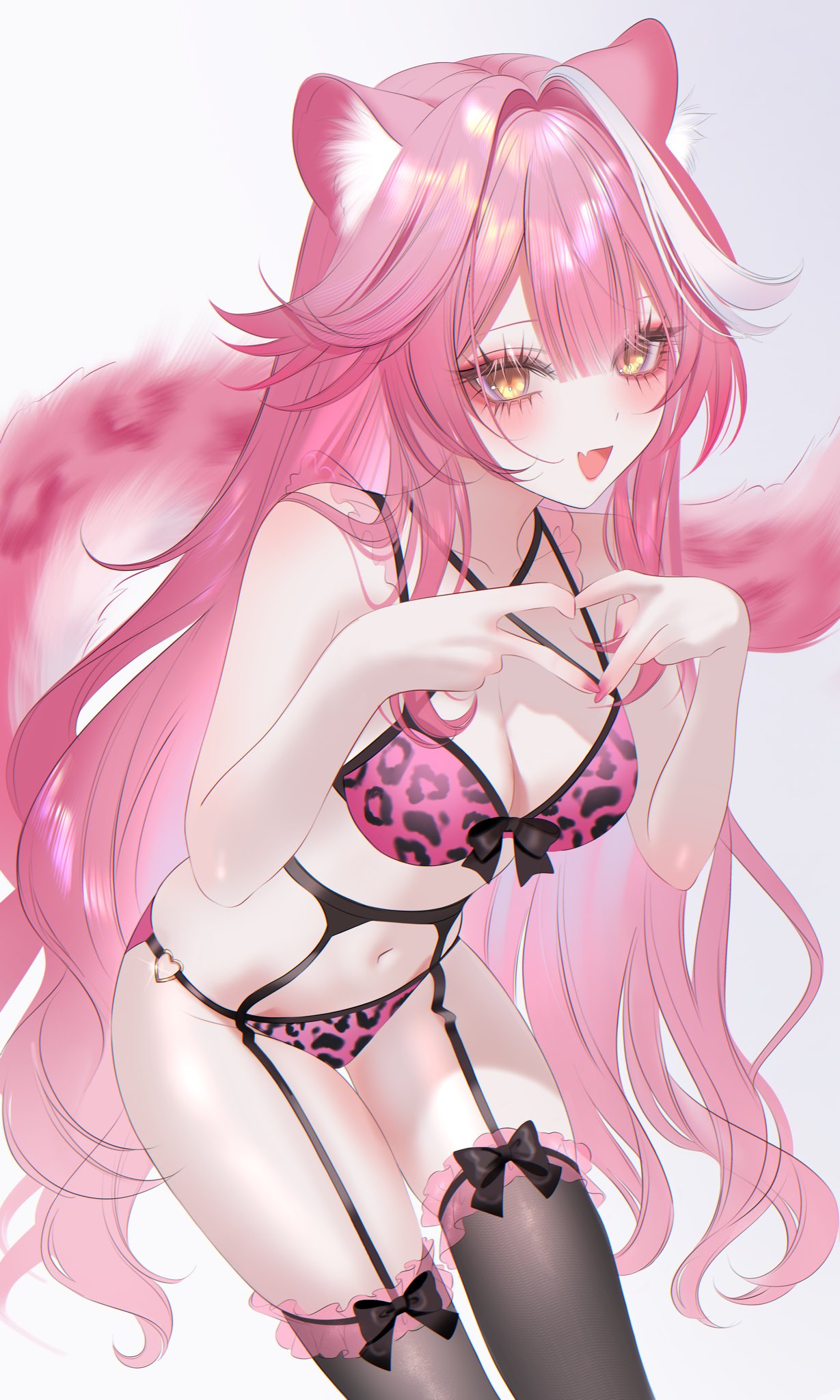 707arisu, alternate costume, animal ears, bare shoulders, bikini, black thighhighs, blush, bow, bow bikini, breasts, cleavage, commentary, criss-cross halter, cute fang, eyelashes, female, fingernails, four-finger heart hands, frilled thigh strap, garter belt, garter straps, hair intakes, halterneck, heart, heart hands, heart o-ring, highres, hololive, hololive english, hololive english -justice-, kemonomimi, large breasts, leopard print, leopard print bikini, long hair, looking at viewer, multicolored hair, o-ring, o-ring bottom, open mouth, panther ears, panther girl, panther tail, pink bikini, pink hair, pink nails, print bikini, raora panthera, simple background, skin fang, smile, solo, streaked hair, swimsuit, tail, thigh strap, thighhighs, three-quarter sleeves, virtual youtuber, white background, white hair, yellow eyes