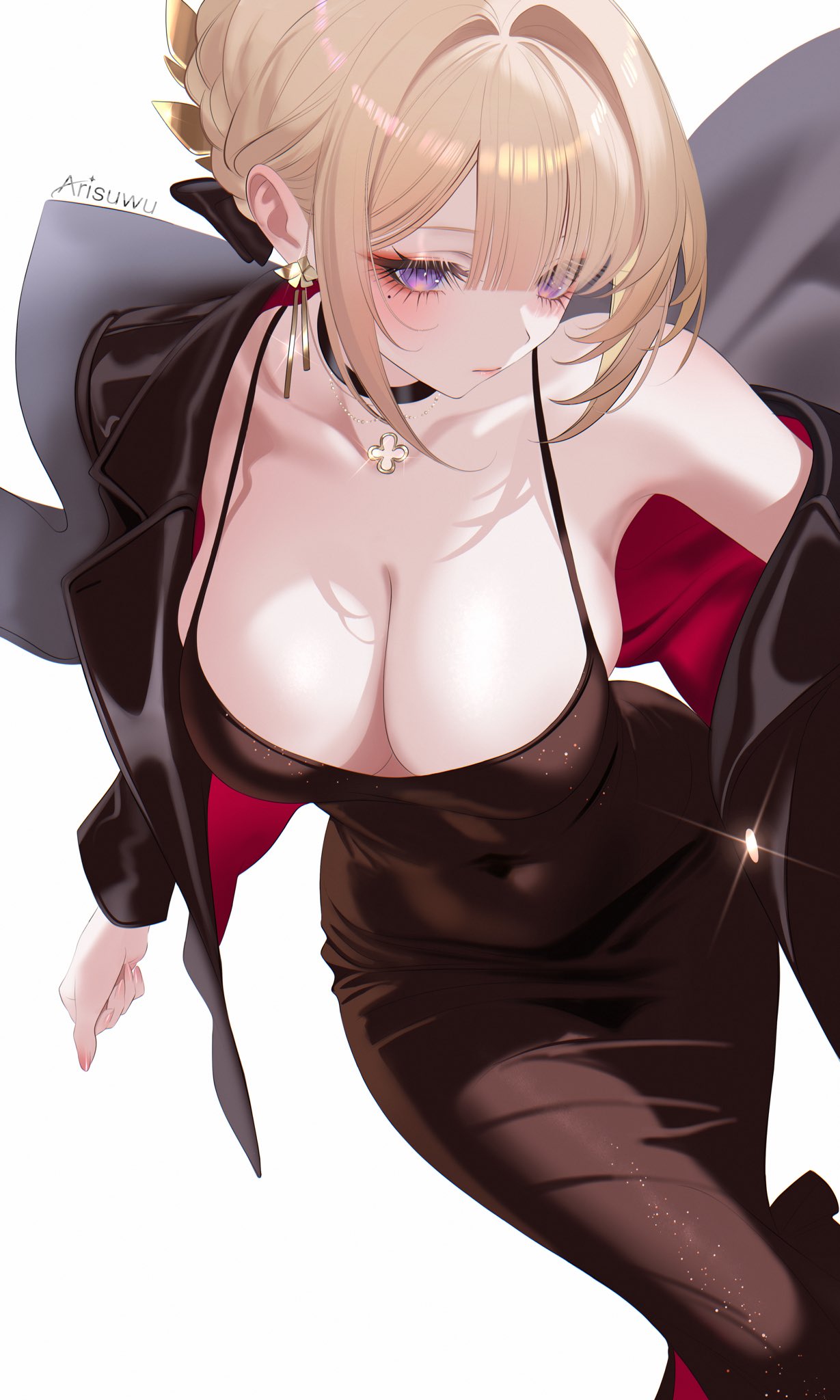 707arisu, armpits, artist name, black choker, black dress, black jacket, blonde hair, breasts, choker, cleavage, closed mouth, collarbone, covered navel, dress, earrings, evelyn chevalier, evening gown, female, highres, jacket, jewelry, large breasts, mole, mole under eye, necklace, purple eyes, simple background, single bare shoulder, solo, spaghetti strap, tight clothes, tight dress, white background, zenless zone zero