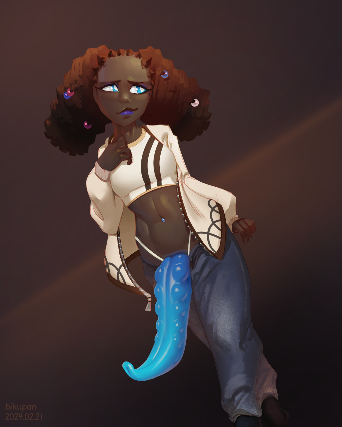 athletic, bikupan, black hair, blue eyes, clothing, dark skin, futanari, huge cock, imminent fellatio, imminent oral, intersex, jeans, lipstick, looking at viewer, lova (bikupan), midriff, navel piercing, penis, pent up, solo, sports bra, teenager, tentacle, tentacle penis, thong, throbbing penis
