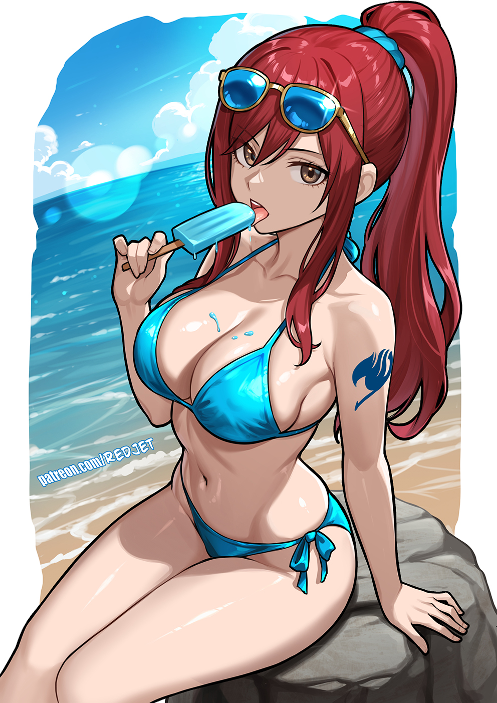 1girls, arm tattoo, ass, bare arms, bare shoulders, bare thighs, bbw, beach, big breasts, bikini, bikini bottom, bikini top, blue bikini, blue bikini bottom, blue bikini top, blue panties, blue swimsuit, blue tattoo, breasts, brown eyes, busty, butt, cleavage, erza scarlet, eyelashes, fairy tail, fairy tail mark, female, female focus, female only, hairband, hi res, high resolution, highres, inner sideboob, large breasts, licking, light skin, light-skinned female, looking at viewer, ocean, open mouth, outdoors, outside, pale skin, pale-skinned female, panties, pinup, ponytail, popsicle, pose, posing, red hair, red-haired female, redjet, seductive, seductive look, seductive mouth, seductive pose, sideboob, sitting, solo, solo female, solo focus, standing, sunglasses, sunglasses on head, sunglasses removed, swimsuit, tattoo, thick thighs, thighs, tied hair, tongue, tongue out, very high resolution