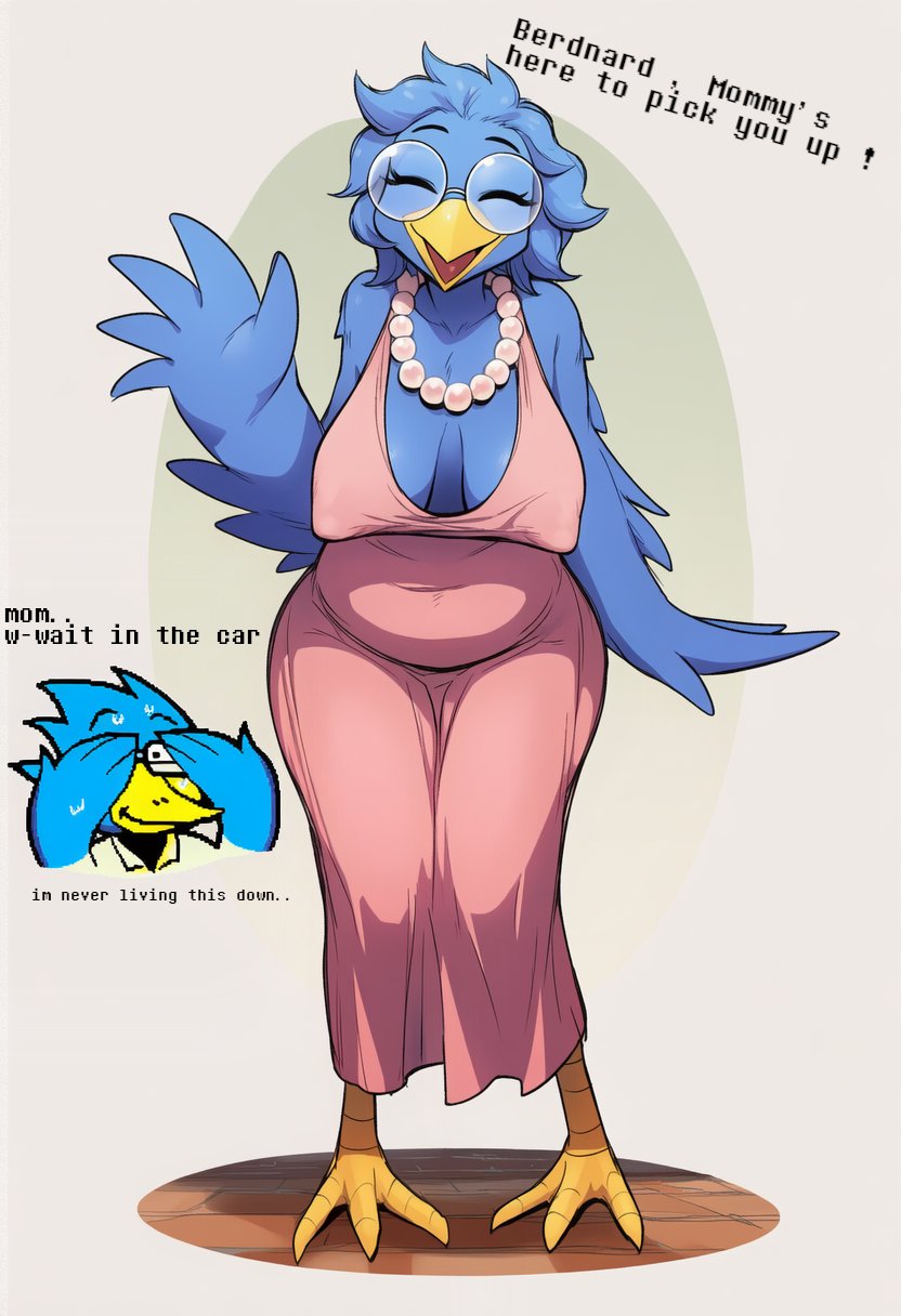 ai assisted, ai generated, berdly, berdlys mom, bird teacher(undertale), breasts, cleavage, deltarune, dress, fat ass, female, kokenaart, large breasts, undertale, undertale (10th anniversary stream), waving
