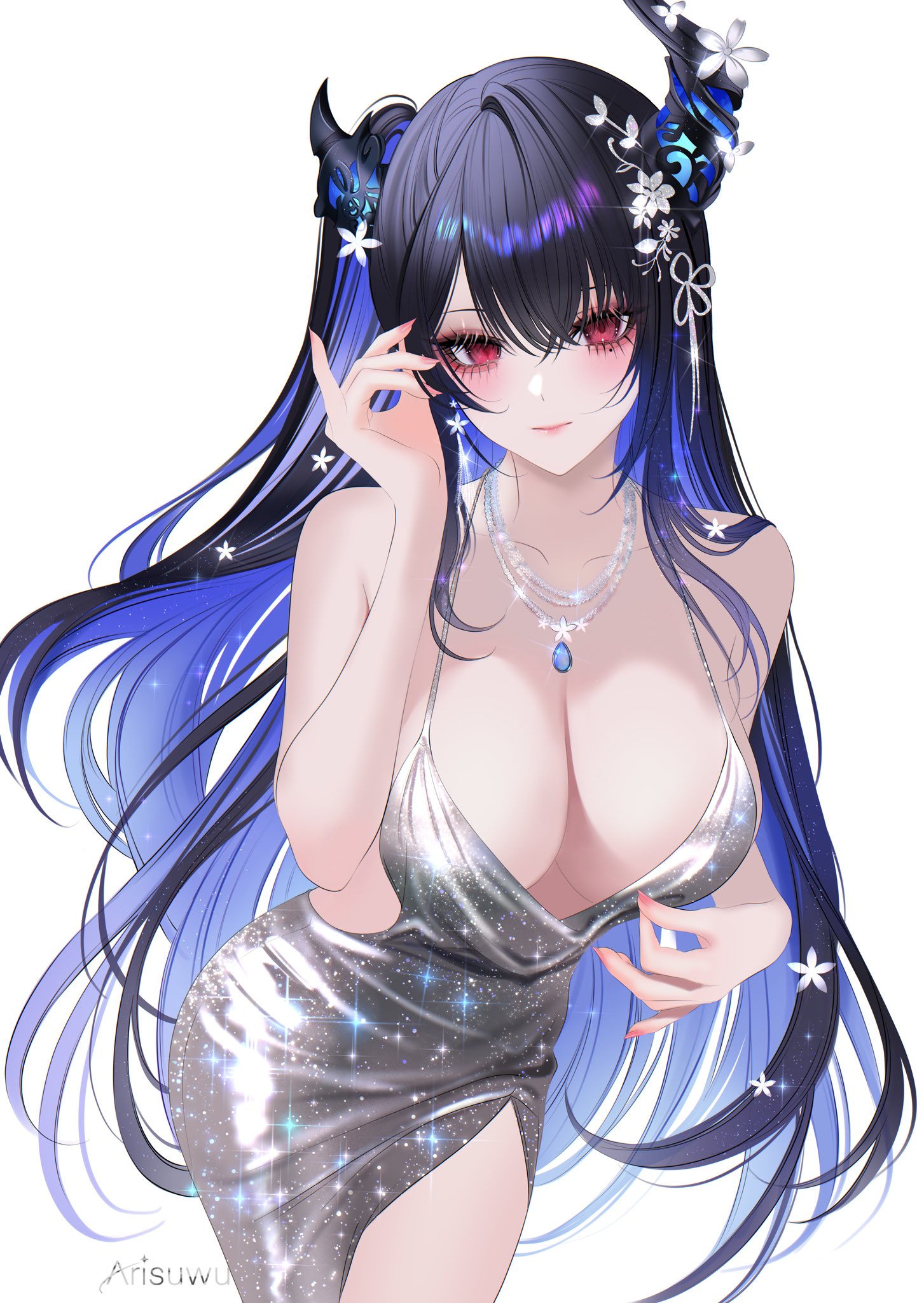 707arisu, adjusting clothes, adjusting hair, alternate costume, artist name, asymmetrical bangs, asymmetrical horns, bare arms, bare shoulders, black hair, blue gemstone, blue hair, breasts, cleavage, collarbone, colored inner hair, commentary, crossed bangs, demon horns, dress, evening gown, eyelashes, female, fingernails, flower, front slit, gem, glint, glitter dress, gown, grey dress, hair flower, hair ornament, highres, hololive, hololive english, hololive english -advent-, horns, jewelry, large breasts, leaning forward, light blush, lips, long dress, long hair, looking at viewer, mole, mole under eye, multicolored hair, necklace, nerissa ravencroft, one side up, pink nails, red eyes, simple background, sleeveless, sleeveless dress, solo, tassel, tassel hair ornament, uneven horns, virtual youtuber, white background