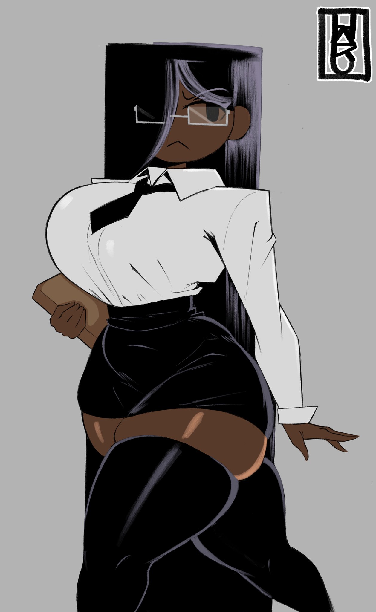1girls, atastic, black hair, black skirt, black thighhighs, breasts, color, colored, dark skin, dark-skinned female, edit, edited, female, grey skin, hair over one eye, hakutaku76, large breasts, office lady (atastic), original, original character, shirt tucked in skirt, skirt, skirts, solo, square glasses, thick thighs, thighhighs, thighs, tie, tight clothing, zettai ryouiki