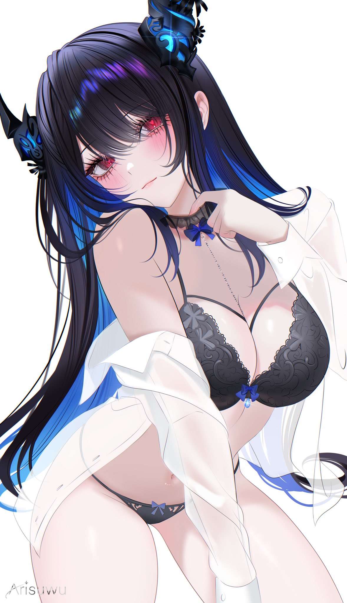 707arisu, asymmetrical horns, black bra, black hair, black panties, blue bow, blue hair, bow, bow bra, bow panties, bra, breasts, cleavage, collared shirt, colored inner hair, crystal horns, demon horns, female, flower, hair ornament, highres, hololive, hololive english, hololive english -advent-, horn flower, horns, lace, lace trim, lace-trimmed bra, lace-trimmed panties, large breasts, lingerie, long hair, looking at viewer, mole, mole under eye, multicolored hair, nerissa ravencroft, off shoulder, open clothes, open shirt, panties, red eyes, shirt, smile, solo, two-tone hair, underwear, uneven horns, very long hair, virtual youtuber, white shirt
