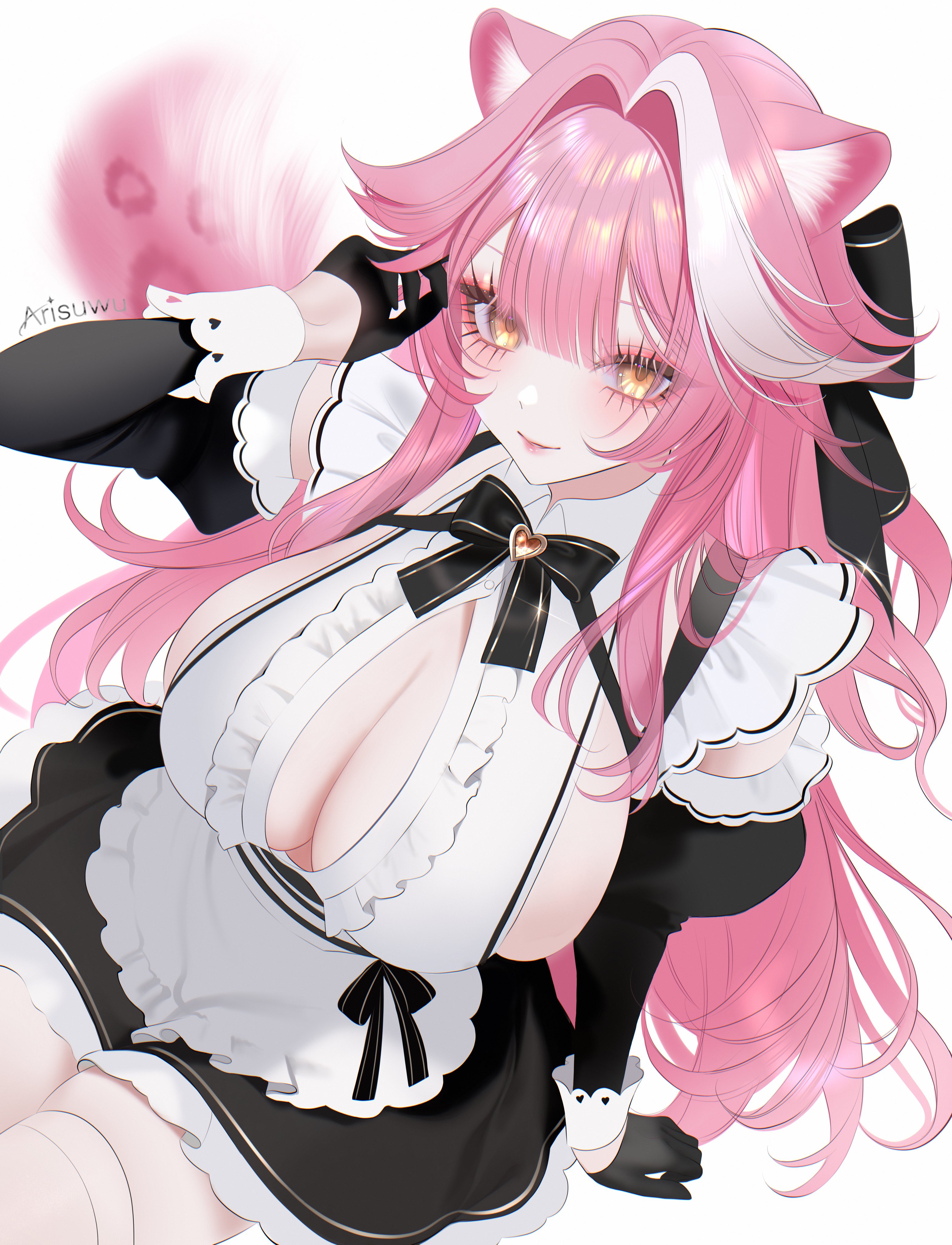 707arisu, absurdres, alternate costume, animal ears, apron, black bow, black bowtie, black dress, black gloves, bow, bowtie, breasts, center-flap bangs, cleavage, cleavage cutout, clothing cutout, commentary, detached sleeves, double-parted bangs, dress, english commentary, female, frilled apron, frills, gloves, hair intakes, hand up, highres, hololive, hololive english, hololive english -justice-, juliet sleeves, large breasts, long hair, long sleeves, looking at viewer, maid, multicolored hair, panther ears, panther girl, panther tail, pink hair, puffy sleeves, raora panthera, raora panthera (maid), short dress, sidelocks, simple background, sitting, sleeve cuffs, solo, streaked hair, tail, thighhighs, very long hair, virtual youtuber, white apron, white background, white hair, white thighhighs, yellow eyes