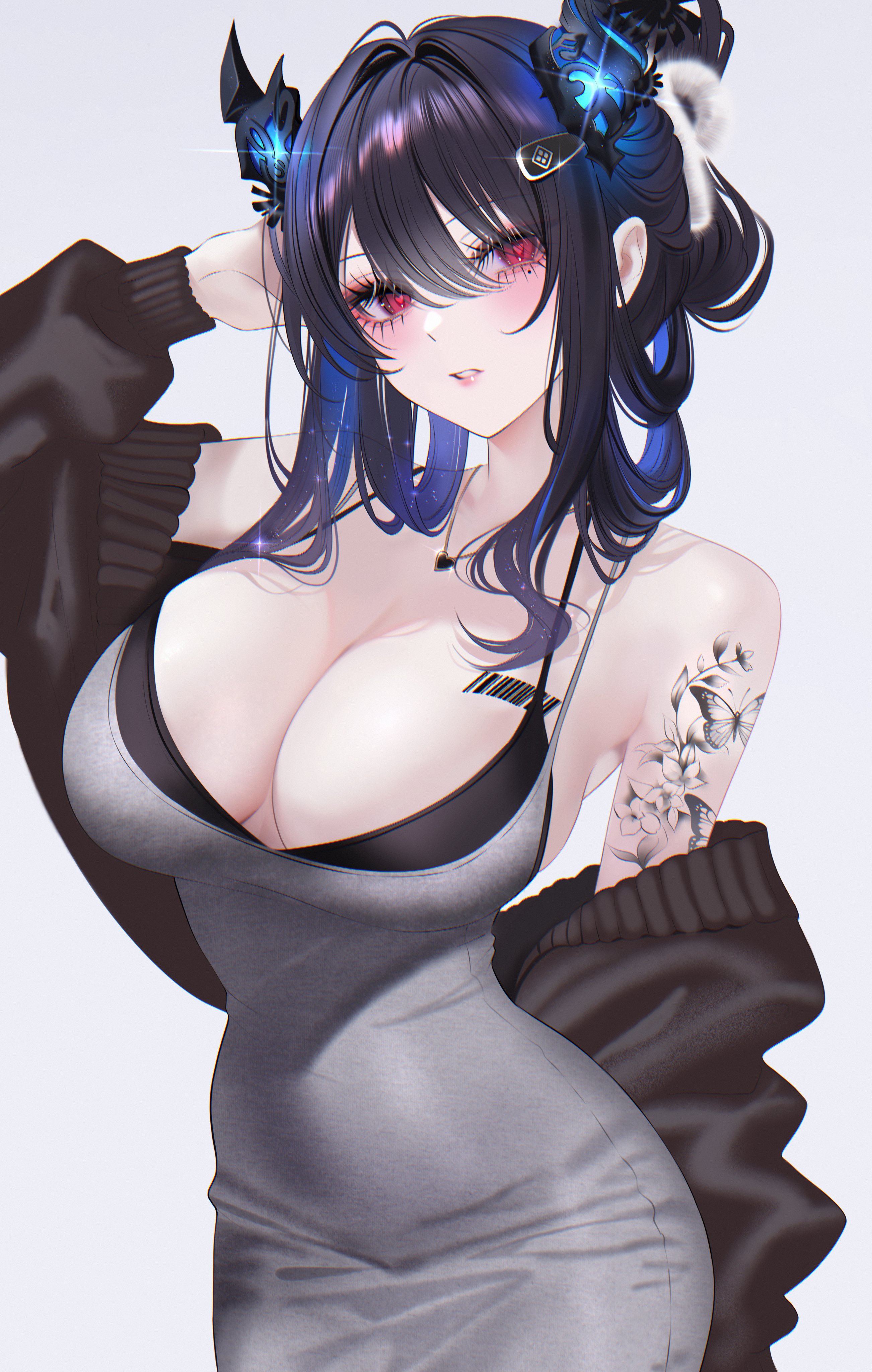 707arisu, absurdres, alternate costume, asymmetrical horns, barcode, barcode tattoo, black bra, black dress, black hair, black jacket, blue hair, bra, bra peek, breast tattoo, breasts, cleavage, colored inner hair, commentary, cosplay, cowboy shot, cropped jacket, d (killer wife) (nikke), d (nikke), d (nikke) (cosplay), dress, english commentary, female, flower tattoo, goddess of victory: nikke, highres, hololive, hololive english, hololive english -advent-, horns, jacket, jacket partially removed, large breasts, looking at viewer, medium hair, mole, mole under eye, multicolored hair, nerissa ravencroft, parted lips, purple eyes, sidelocks, simple background, slit pupils, solo, tattoo, tight clothes, underwear, uneven horns, virtual youtuber, white background