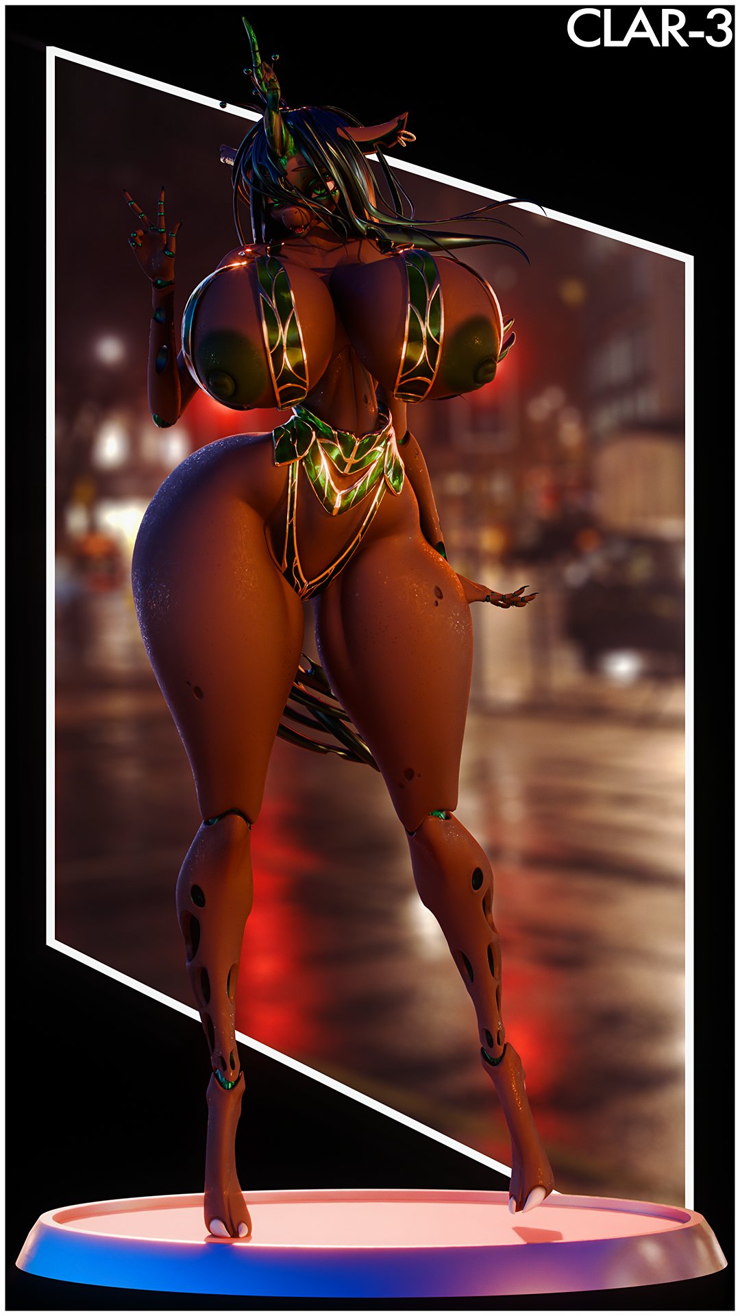1girls, 2025, 3d, 3d (artwork), anthrofied, artist name, big areola, black body, blender (software), bom39, breasts, city background, clar-3, depth of field, earrings, equine, fangs, female, friendship is magic, functionally nude, furry, g-string, g-string aside, green eyes, green hair, green nipples, hasbro, hi res, horse humanoid, huge areolae, huge breasts, hybrid, hyper ass, hyper breasts, looking at viewer, mouth open, my little pony, navel, pattern background, peace sign, pony, puffy nipples, pussy, queen chrysalis (mlp), snout, tail, thick thighs, unicorn, v sign