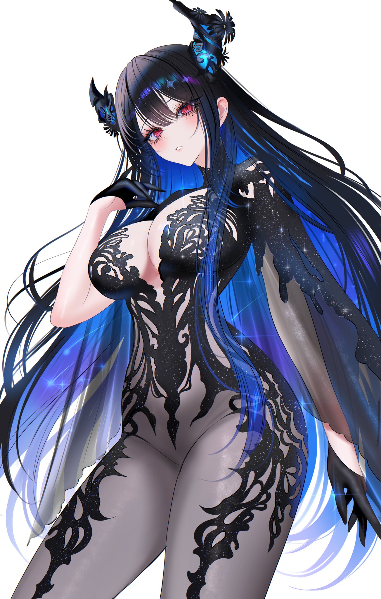 707arisu, black gloves, black hair, black horns, blue hair, breasts, broken horn, chronopattern dress, colored inner hair, female, gloves, highres, hololive, hololive english, hololive english -advent-, horns, large breasts, long hair, multicolored hair, nerissa ravencroft, parted lips, red eyes, single sleeve, solo, virtual youtuber