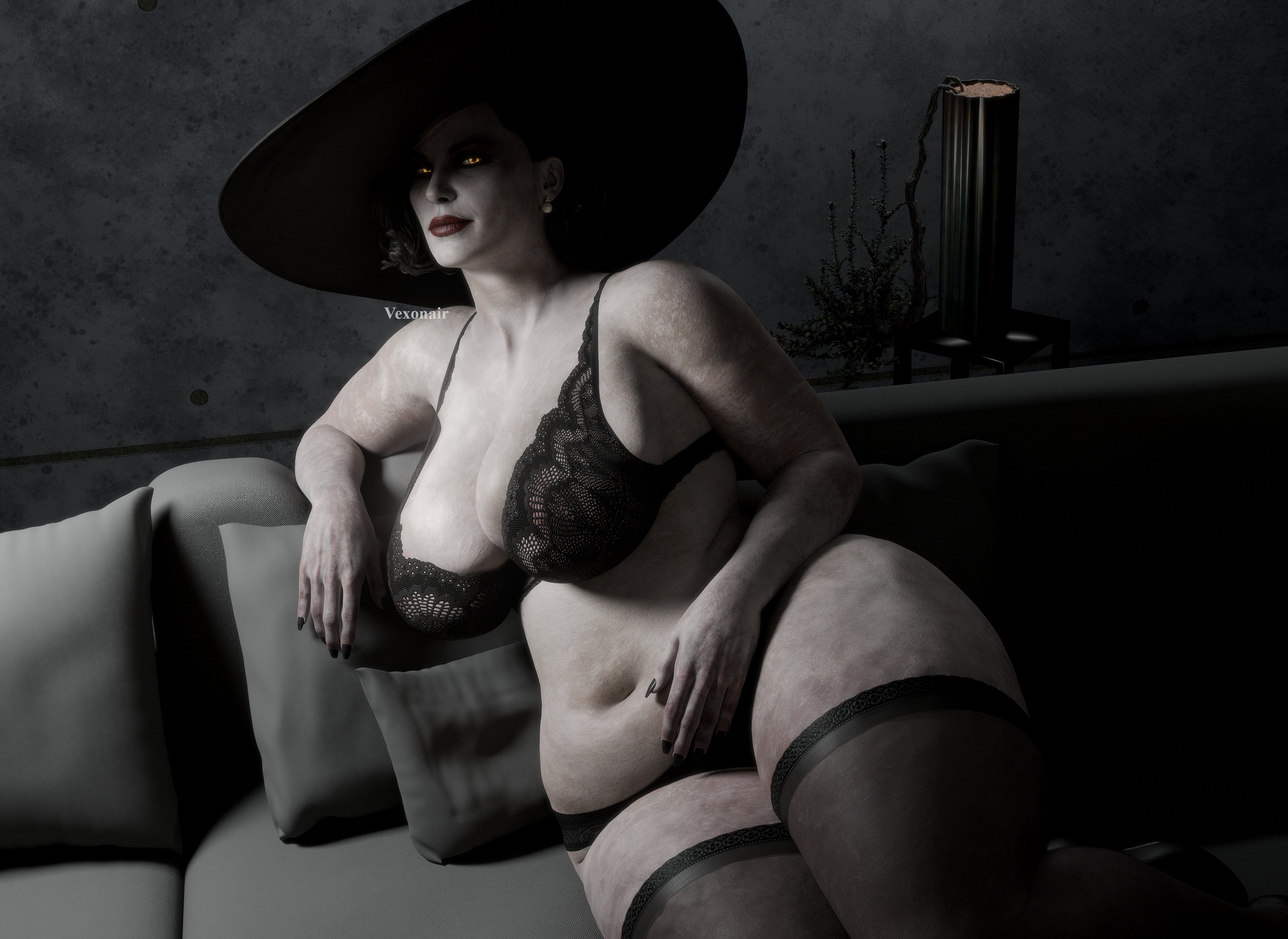 1girls, 3d, 3d (artwork), alcina dimitrescu, big breasts, breasts, female, female focus, female only, huge breasts, milf, older female, pale-skinned female, resident evil, resident evil 8: village, solo, solo female, solo focus, vexonair, voluptuous, voluptuous female