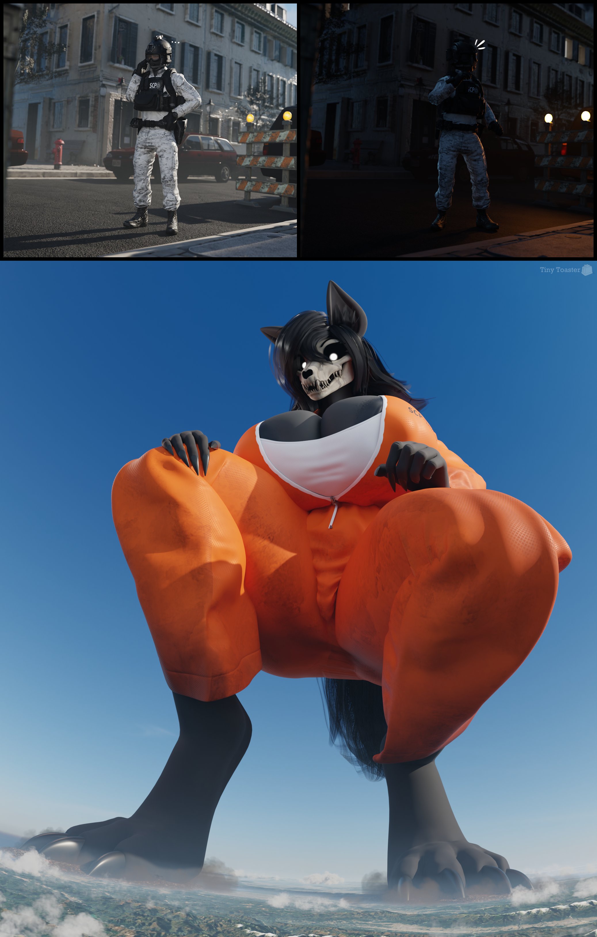 1girls, 3d, big breasts, breasts, female, giantess, huge breasts, looking at viewer, mal0, malo, scp foundation, scp guard, scp-1471, scp-1471-a, scp-1471-a (scrag), skull head, taller female, thin eyebrows, tinytoaster