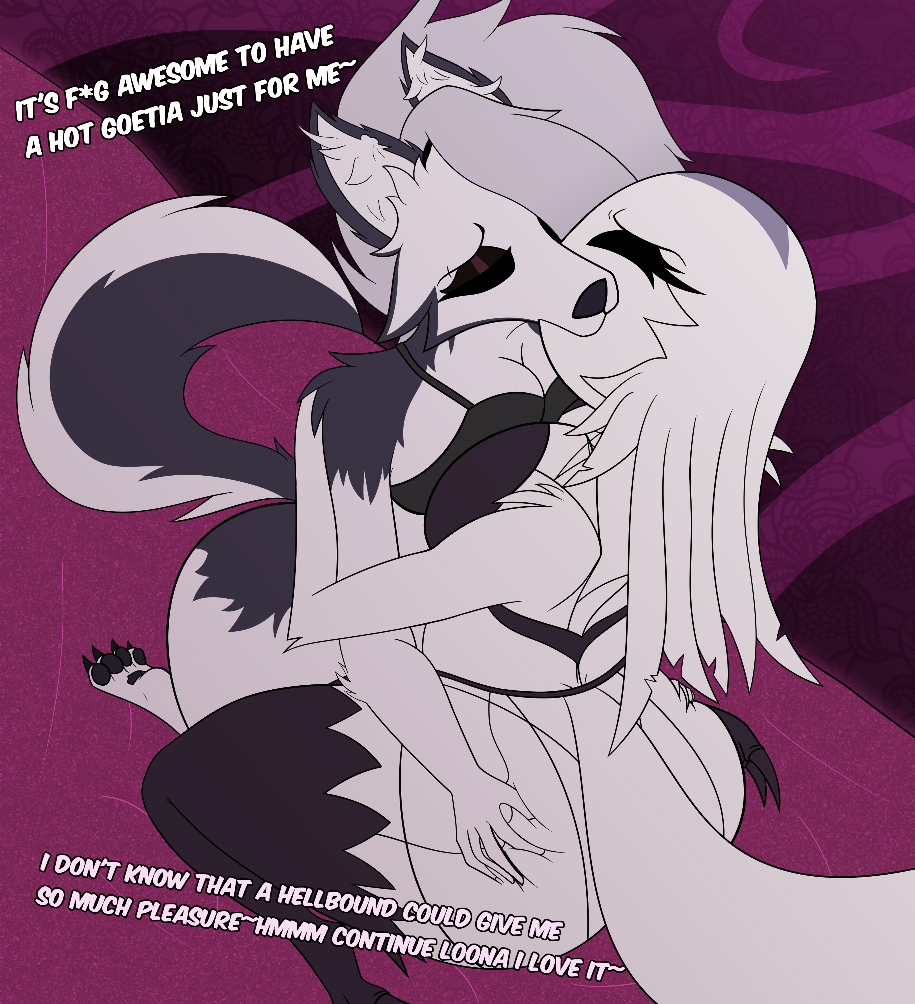 1:1, 2girls, absurd res, age difference, anthro, ass, big ass, big breasts, bird, bird demon, bird girl, bra, breast press, breast to breast, breasts, canine, closed eyes, demon, demon girl, demoness, demonesses, dialogue, ears, english text, feather hair, feathers, female, flat colors, furry, furry only, goth, goth demon, goth girl, grabbing ass, grey body, grey fur, grey hair, hellhound, helluva boss, kissing, lingerie, loona (helluva boss), mature female, milf, older female, on bed, on knees, owl, owl demon, owl girl, pleasure face, stella (helluva boss), tail, thick thighs, two-tone body, two-tone fur, two-tone tail, white body, white fur, white hair, wolf, wolf demon, wolf girl, younger female, yuri, zancu