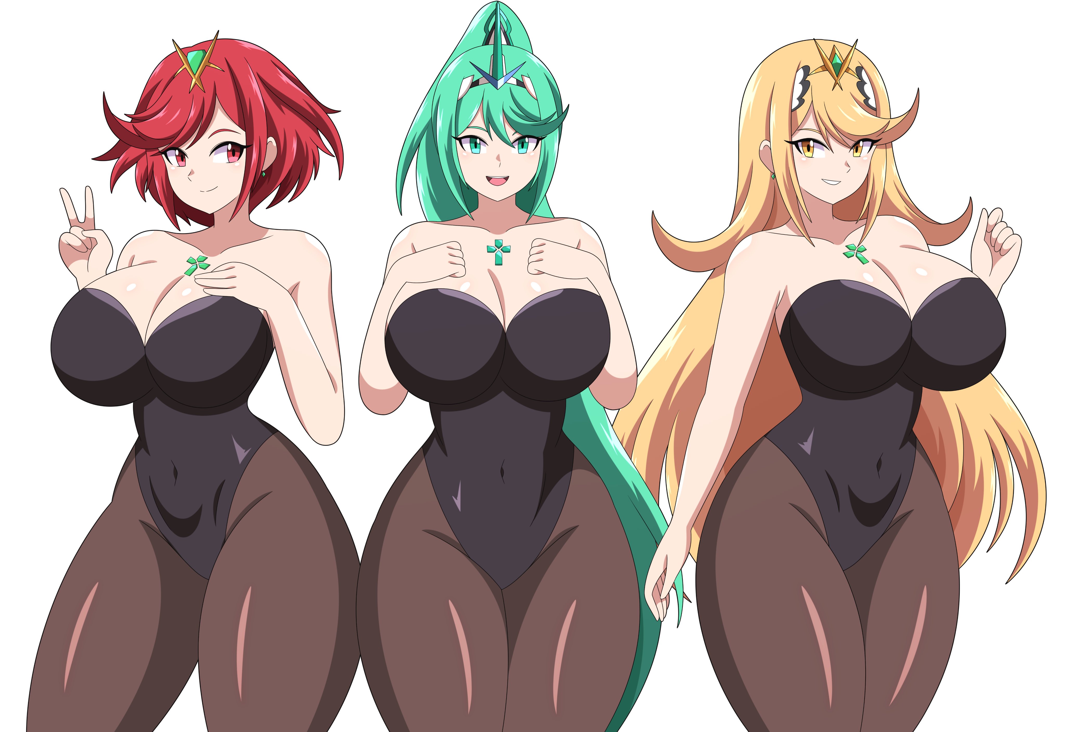 2026, 3girls, abyss162, bare arms, big breasts, big thighs, blue eyes, blue hair, breasts, bunnysuit, color, colored, core crystal, curvy, curvy figure, digital media (artwork), female, female only, hair, hi res, legs, legwear, leotard, light skin, light-skinned female, long hair, mythra, pneuma (xenoblade), pyra, red eyes, red hair, short hair, simple background, thick thighs, thighs, v, v sign, white background, xenoblade (series), xenoblade chronicles 2, yellow eyes, yellow hair