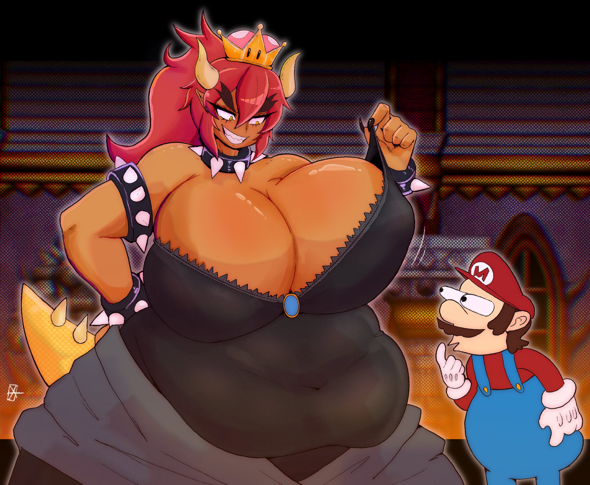 1boy, 1boy1girl, 1girls, awooga, barely contained, barely contained breasts, bbw, belly, big breasts, big stomach, bigger female, black dress, bowsette, bracelet, bracelets, breasts, busty, choker, chubby, chubby belly, chubby female, claws, cleavage, cleavage overflow, cleavage window, crown, curvaceous, curvy, curvy female, curvy figure, dark skin, dark-skinned female, digital drawing (artwork), digital media (artwork), dress, female, female focus, horn, horns, huge breasts, huge butt, large breasts, larger female, long hair, looking at partner, love handles, male, male/female, mario, mario (series), navel, navel visible through clothes, neuron activation (meme), nintendo, overweight, overweight female, ponytail, red bowsette, red hair, sharp claws, sharp fingernails, sharp teeth, shorter male, size difference, smaller male, spiked bracelet, spiked bracelets, spiked choker, spiked tail, stomach, stomach bulge, straight, super crown, tagme, tail, tied hair, voluptuous, voluptuous female, xenexarts, yellow eyes