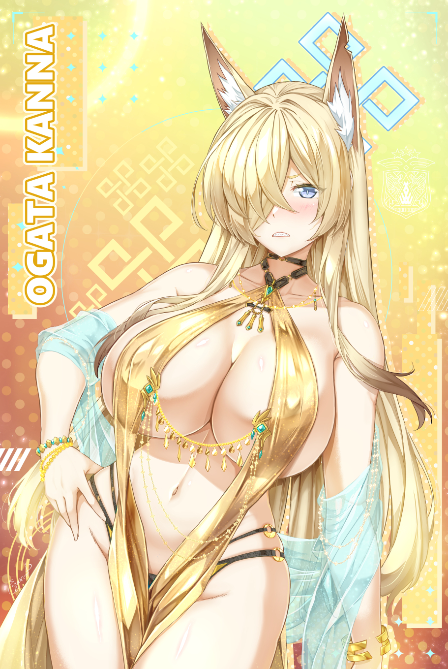 1girls, animal ear fluff, animal ears, bare shoulders, belly chain, black pantyhose, blonde hair, blue archive, blue eyes, blush, breasts, center opening, character name, cigar cat, cleavage, collarbone, dog ears, dress, female, female only, gold dress, hair over one eye, halo, highres, jewelry, kanna (blue archive), large breasts, long hair, looking at viewer, multi ear, navel, pantyhose, pelvic curtain, sash, sharp teeth, solo, teeth