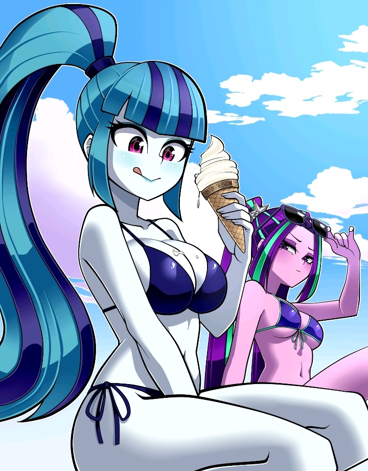 2025, 2d, 2girls, aria blaze, big breasts, bikini, bikini top, blue bikini, blue bra, bra, breasts, deviantart link, equestria girls, female, female only, food, front-tie bikini top, glasses, glasses on head, hasbro, high ponytail, human, ice cream, my little pony, nekojackun, no ai, ponytail, purple body, purple hair, purple skin, side-tie panties, sonata dusk, the dazzlings, turquoise body, turquoise hair, turquoise skin, two-tone hair, villainess, western cartoon