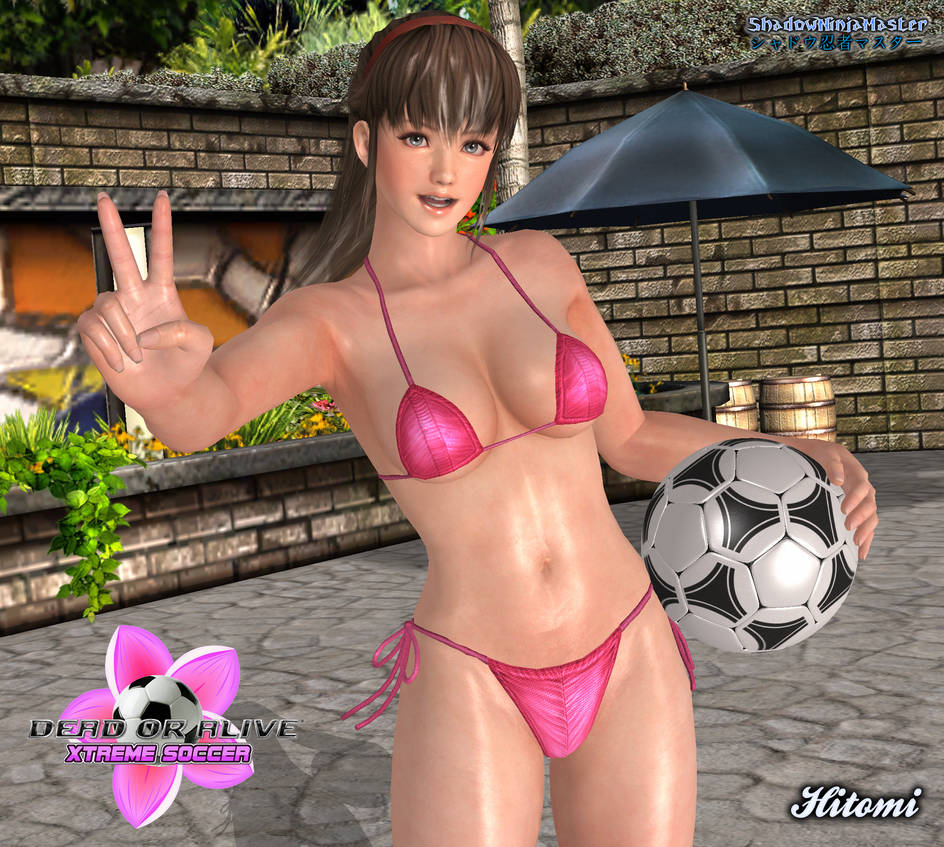 1girls 3d barrels brown_hair cleavage dead_or_alive dead_or_alive_5 grey_eyes hitomi_(doa) holding_ball looking_at_viewer open_mouth pink_bikini plants shadowninjamaster smile soccer umbrella v