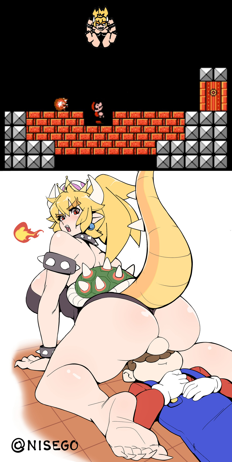 1boy, 1girls, ass, barefoot, blonde hair, bowsette, breasts, comic, cowgirl position, door, facesitting, feet, female, gameplay mechanics, genderswap, highres, huge ass, large breasts, leotard, looking back, lying, male, mario, mario (series), monster girl, new super mario bros. u deluxe, nintendo, nisego, on back, parody, red eyes, rule 63, sitting, sitting on face, sitting on person, smile, straight, style parody, super crown, super mario bros. 3
