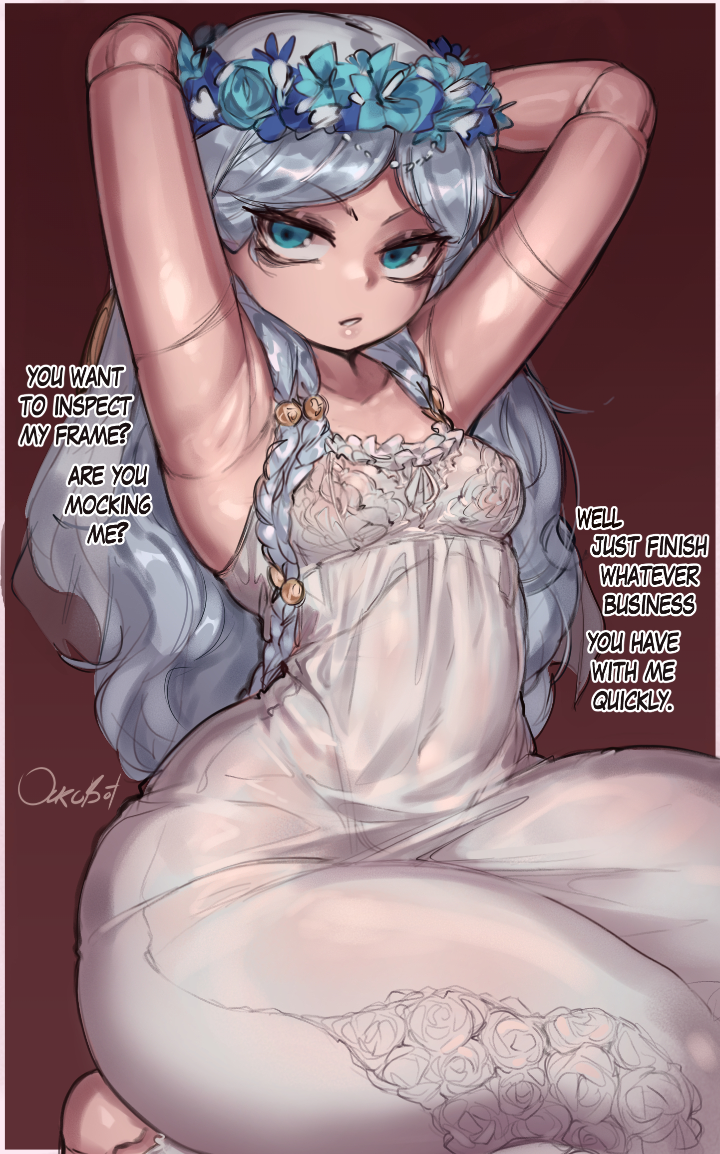 1girls, armpits, arms behind head, arms up, bandai namco, blue eyes, blue hair, breasts, child bearing hips, clothing, doll, doll girl, doll joints, dress, elden ring, elden ring nightreign, english text, female, female focus, flower, flower crown, flower in hair, fromsoftware, high resolution, light skin, light-skinned female, long hair, looking at viewer, nightdress, nightgown, ourobot, petite, petite body, petite female, revenant (nightreign), shortstack, small breasts, tagme, text, thick thighs, thighhighs, thighs, very high resolution, white hair, wide hips