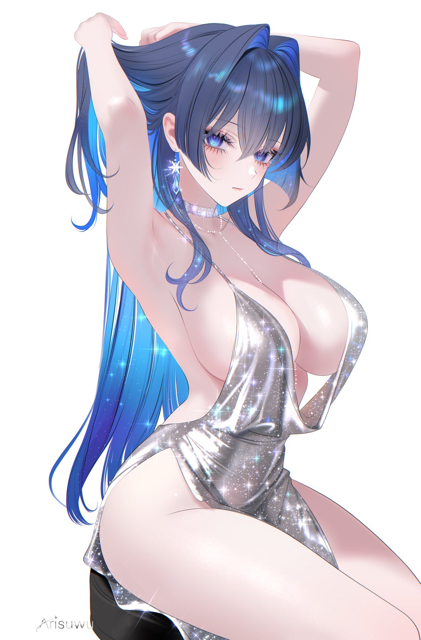 707arisu, armpits, arms behind head, arms up, artist name, backless dress, backless outfit, blue eyes, blue hair, breasts, chair, choker, cleavage, closed mouth, colored inner hair, commentary, cosplay, dress, earrings, evening gown, female, glitter dress, grey dress, hair between eyes, hair intakes, hashtag-only commentary, highres, hololive, hololive english, hololive english -council-, hololive english -promise-, jewelry, large breasts, long hair, looking at viewer, multicolored hair, on chair, on stool, ouro kronii, side slit, sideboob, sideless dress, sidelocks, simple background, sitting, solo, st. louis (azur lane), st. louis (azur lane) (cosplay), st. louis (luxurious wheels) (azur lane), very long hair, virtual youtuber, white background
