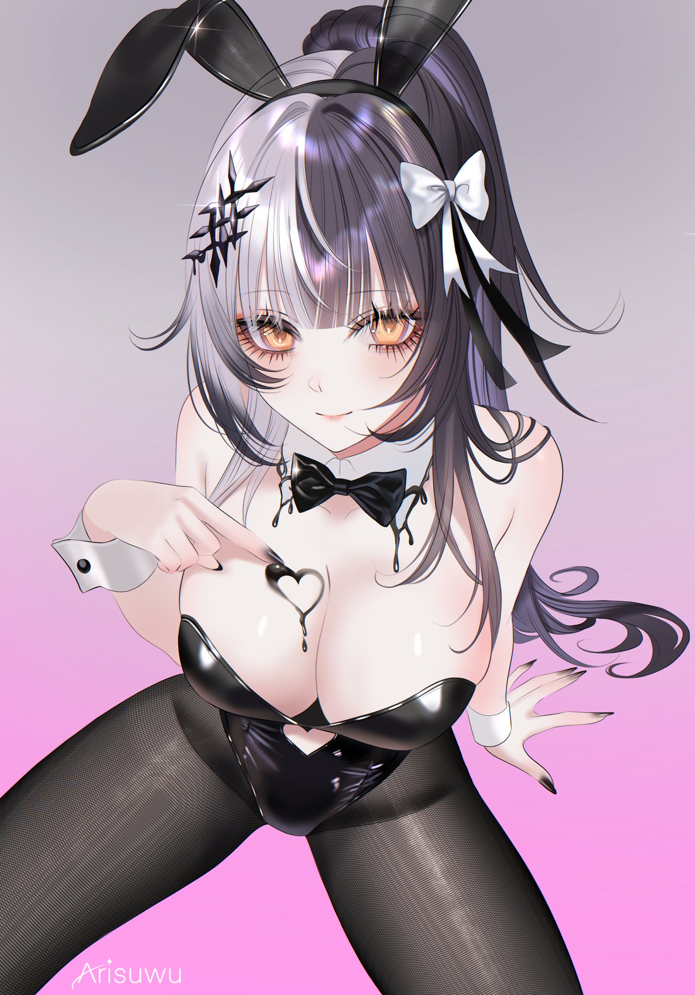 707arisu, alternate costume, animal ears, black bow, black bowtie, black hair, black leotard, black nails, black pantyhose, bow, bowtie, breasts, bunny ears, bunnysuit, cleavage, detached collar, fake animal ears, female, gradient background, grey background, grey hair, hair ribbon, highleg, highleg leotard, highres, hololive, hololive english, hololive english -advent-, large breasts, leotard, looking at viewer, multicolored hair, pantyhose, pink background, playboy bunny, ponytail, rabbit ears, ribbon, shiori novella, sitting, slime (substance), solo, split-color hair, strapless, strapless leotard, two-tone hair, virtual youtuber, white ribbon, wrist cuffs, yellow eyes