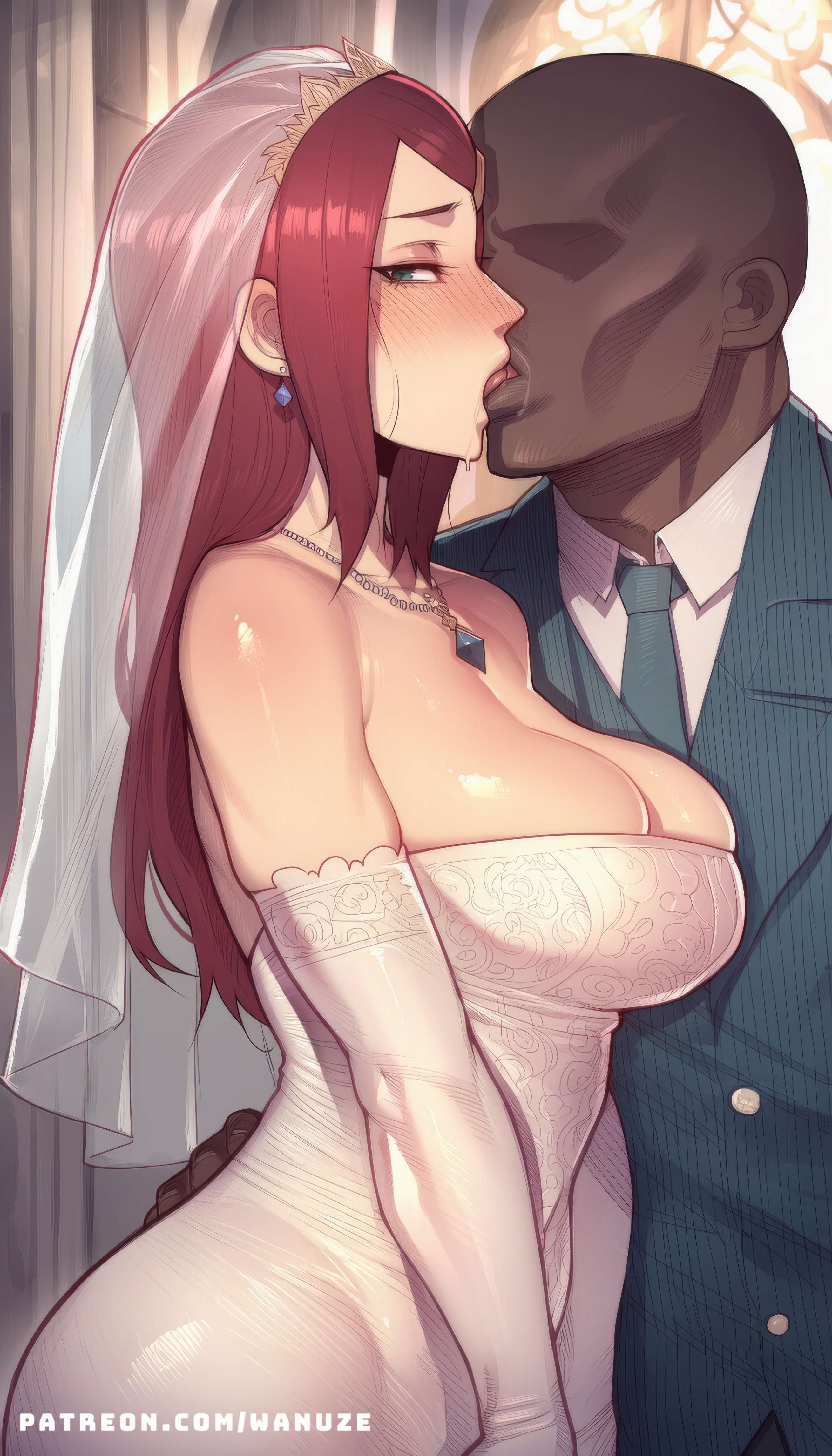 ai generated, ass, bald, big ass, big breasts, big butt, big thighs, blue eyes, blush, breasts, bridal veil, bride, cheating, cheating female, cheating mother, cheating wife, church, dark skin, dark-skinned male, faceless male, female, french kiss, french kissing, garter belt, hair ornament, huge ass, huge breasts, huge butt, huge thighs, interracial, kiss, kissing, male, muscular, muscular male, naruto, naruto (series), naruto shippuden, netorare, ntr, red hair, tongue, tongue kiss, uzumaki kushina, wanuze, wedding, wedding dress, wedding veil, white dress, white garter belt, wide hips