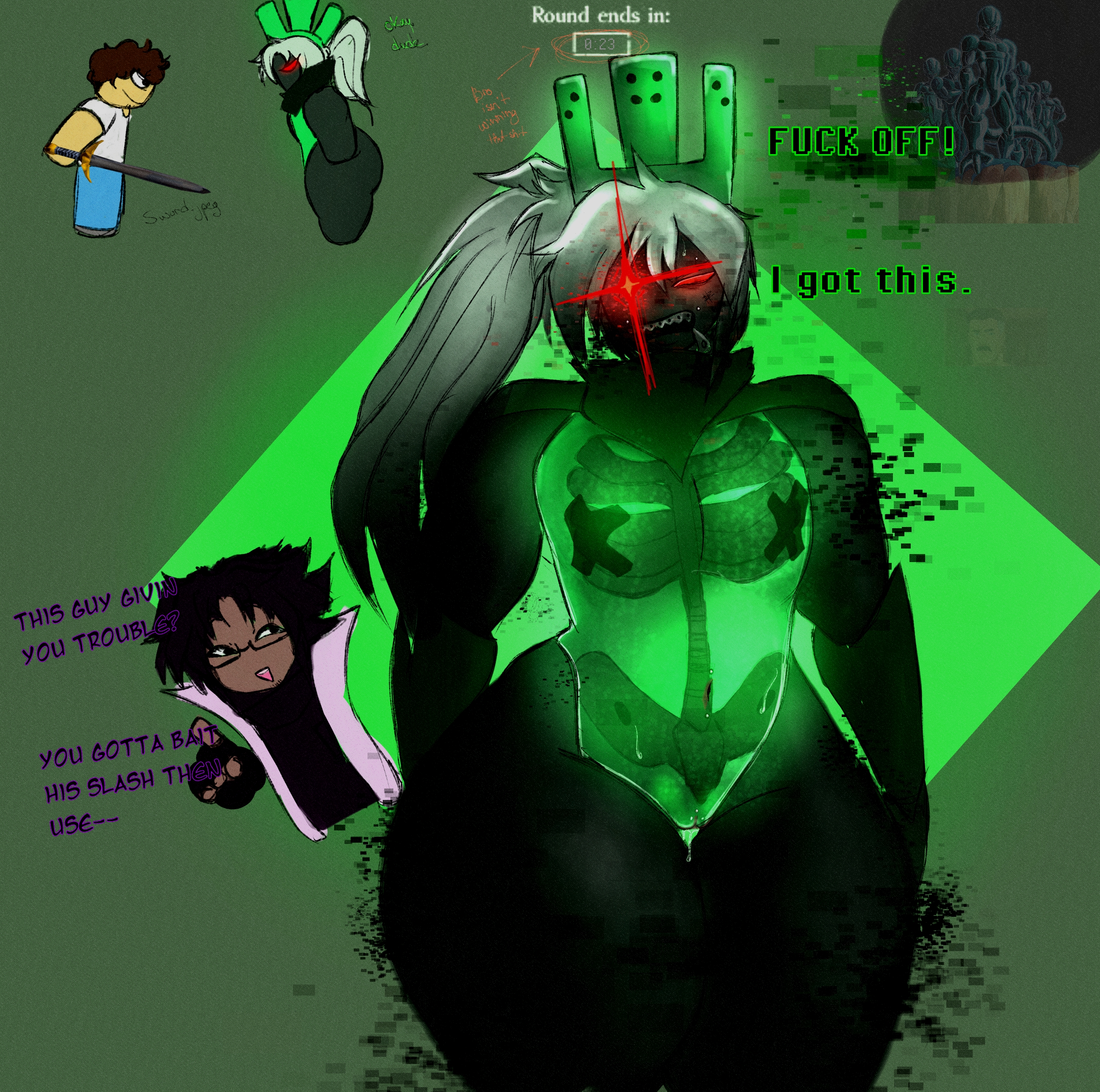 1x1x1x1 (forsaken), 2boys, barely clothed, betrayed 1x1x1x1, braces, cooler (dragon ball), demon, dialogue, doctor, dokkan battle, domino crown, dragon ball, english text, female, forsaken (roblox), genderfluid, glowing eyes, green body, male, meme reference, metal cooler, nerd emoji, original character, pasties, pierced pussy, piercing, pussy, pussy juice, roblox, roblox game, robloxian, rule 63, sharp teeth, shedletsky, shedletsky (forsaken), skeleton, text, thick thighs, thighs, translucent body, white hair, wide hips, zeezuu, zipper mouth