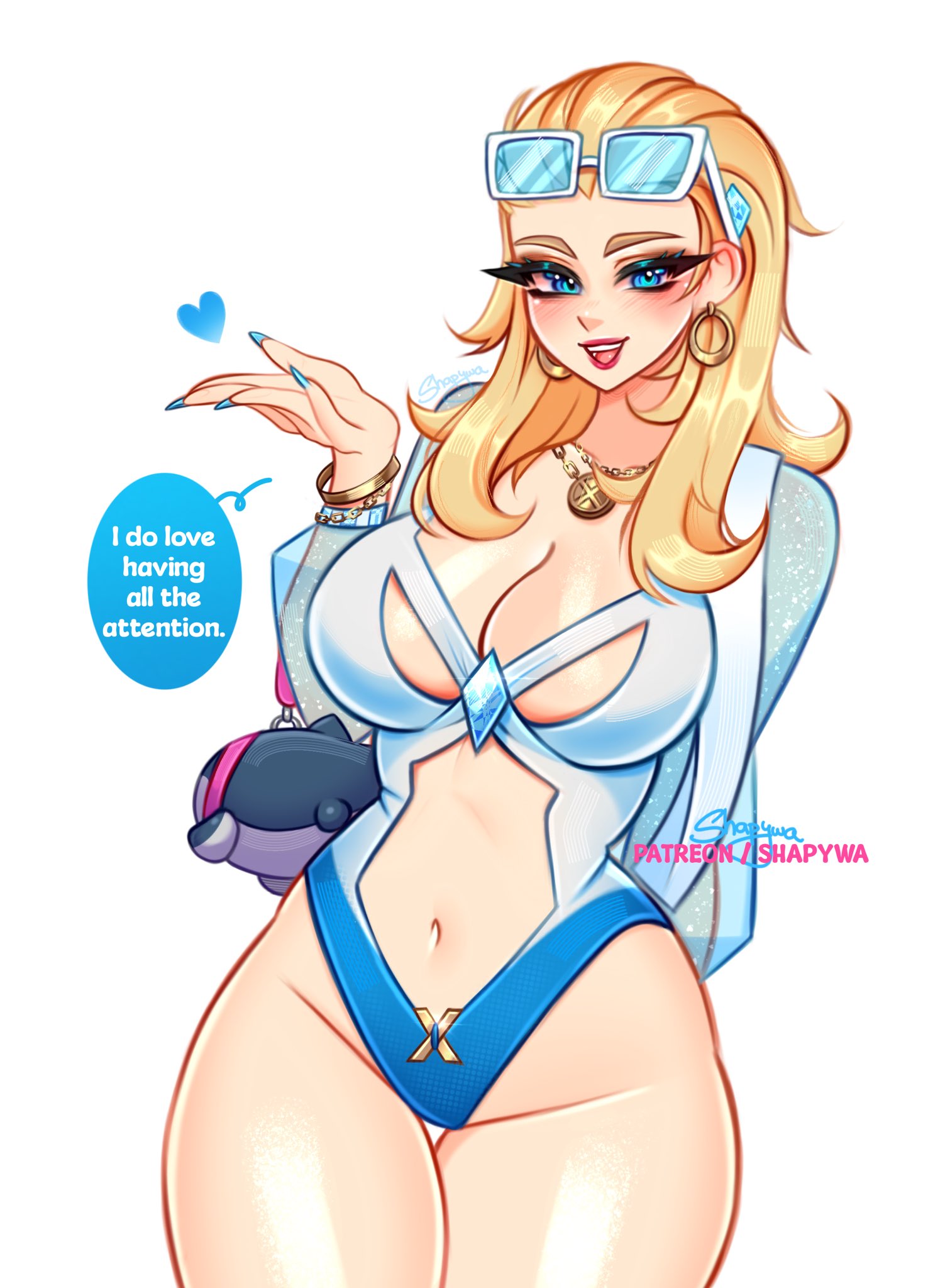 1girls, 2d, absurd res, alternate version available, big breasts, blonde female, blonde hair, blue lipstick, blue nails, bob cut, breasts, cleavage, digital media, emma frost, emma frost (marvel rivals), english text, female, female only, fully clothed, hi res, large breasts, light skin, light-skinned female, looking at viewer, marvel, marvel comics, marvel rivals, shapywa, solo, swimsuit, text, thick thighs, thighs, wide hips, x-men