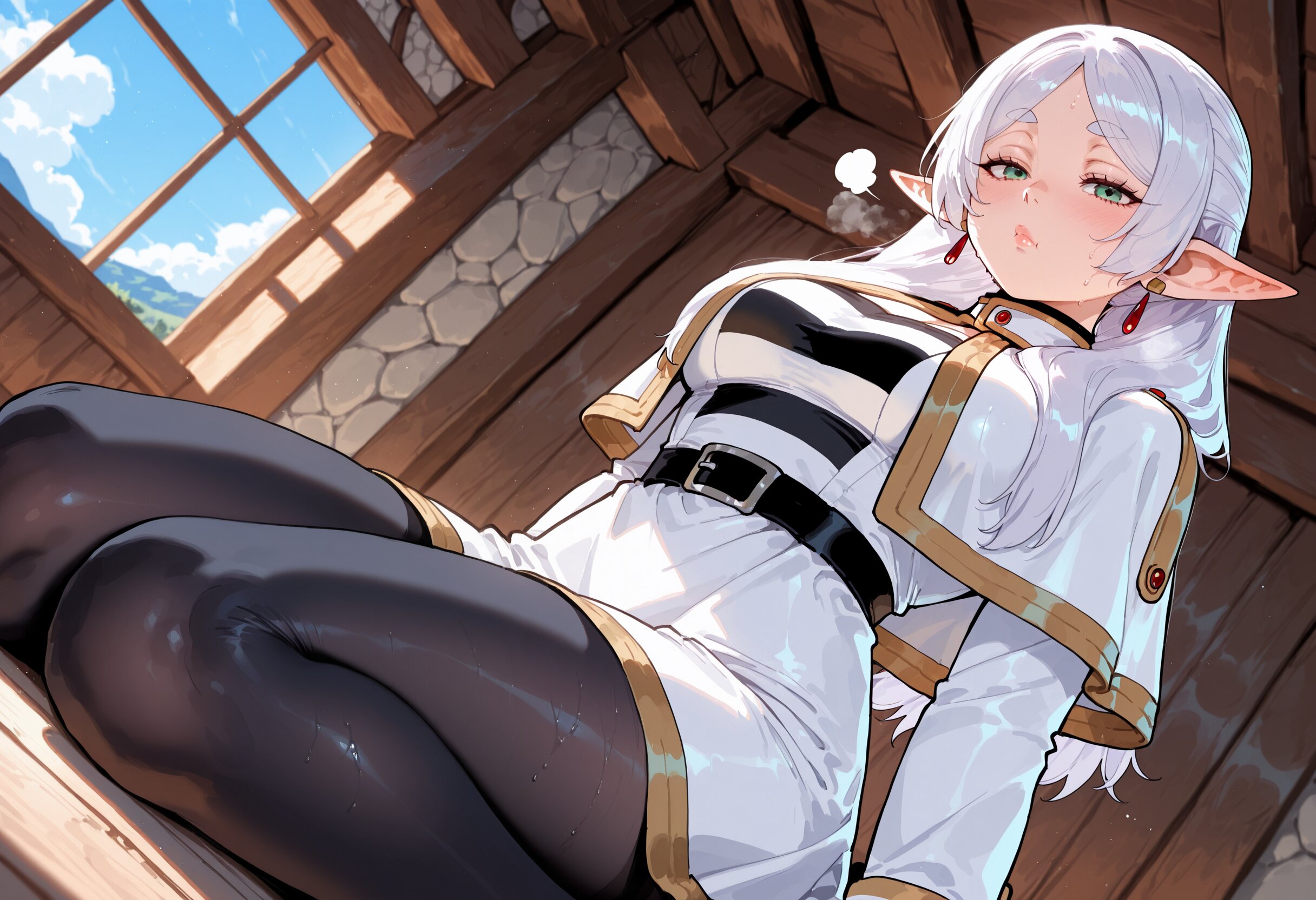 ai generated, breasts, elf, elf ears, elf female, female, female only, frieren, frieren beyond journey's end, mature, mature female, medium breasts, quality, revoaru, solo, sousou no frieren, thick thighs, thighs, white hair