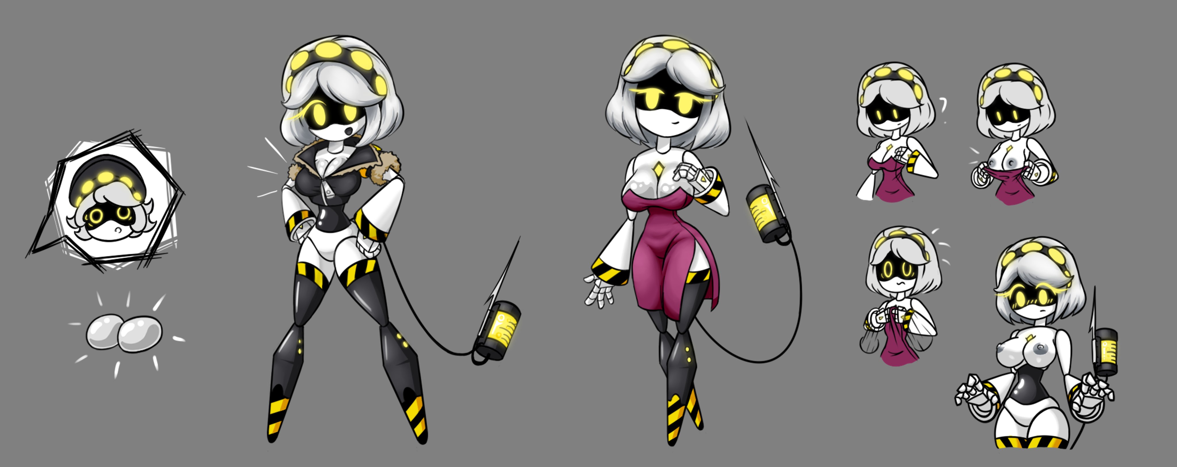 1boy, 1girls, andydrew297149, areolae, big breasts, blush, blushing female, breast implants, breasts, clothing, covering breasts, cute, envy (murder drones), female, funny, glitch productions, grey background, hips, male, murder drones, n (murder drones), nipples, nude, nude female, red dress, robot, robot boy, robot girl, robot humanoid, shiny breasts, silver hair, sketch, undressing, v (murder drones), yellow eyes