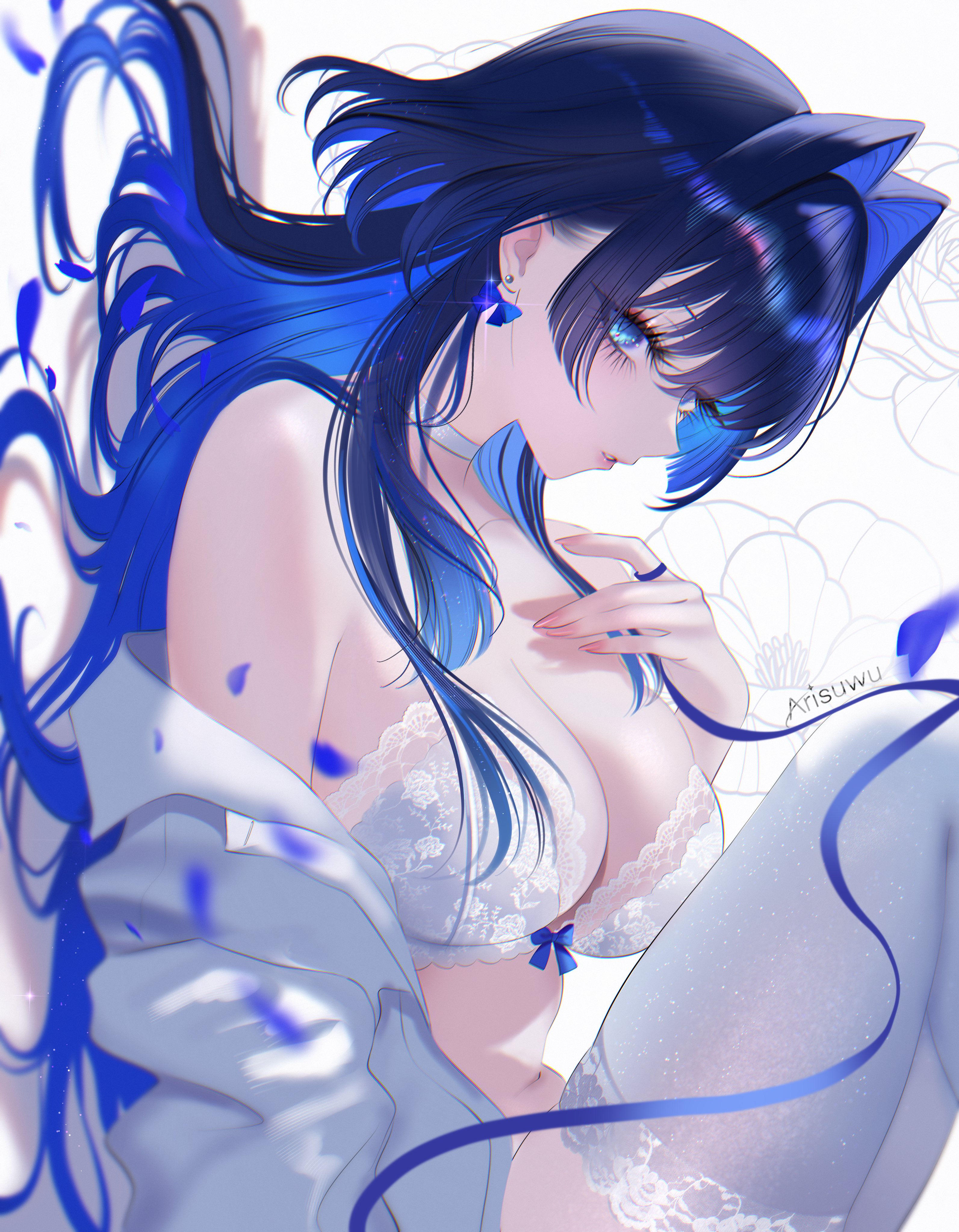 707arisu, absurdres, blue eyes, blue hair, bow, bow earrings, bra, breasts, choker, cleavage, colored inner hair, commentary, earrings, female, hair intakes, hand up, highres, hololive, hololive english, hololive english -council-, hololive english -promise-, jewelry, knees up, lace, lace trim, lace-trimmed bra, lace-trimmed thighhighs, large breasts, long hair, looking at viewer, multicolored hair, off shoulder, open clothes, open shirt, ouro kronii, parted lips, shirt, sidelocks, simple background, solo, symbol-only commentary, thighhighs, underwear, virtual youtuber, white background, white bra, white choker, white shirt, white thighhighs