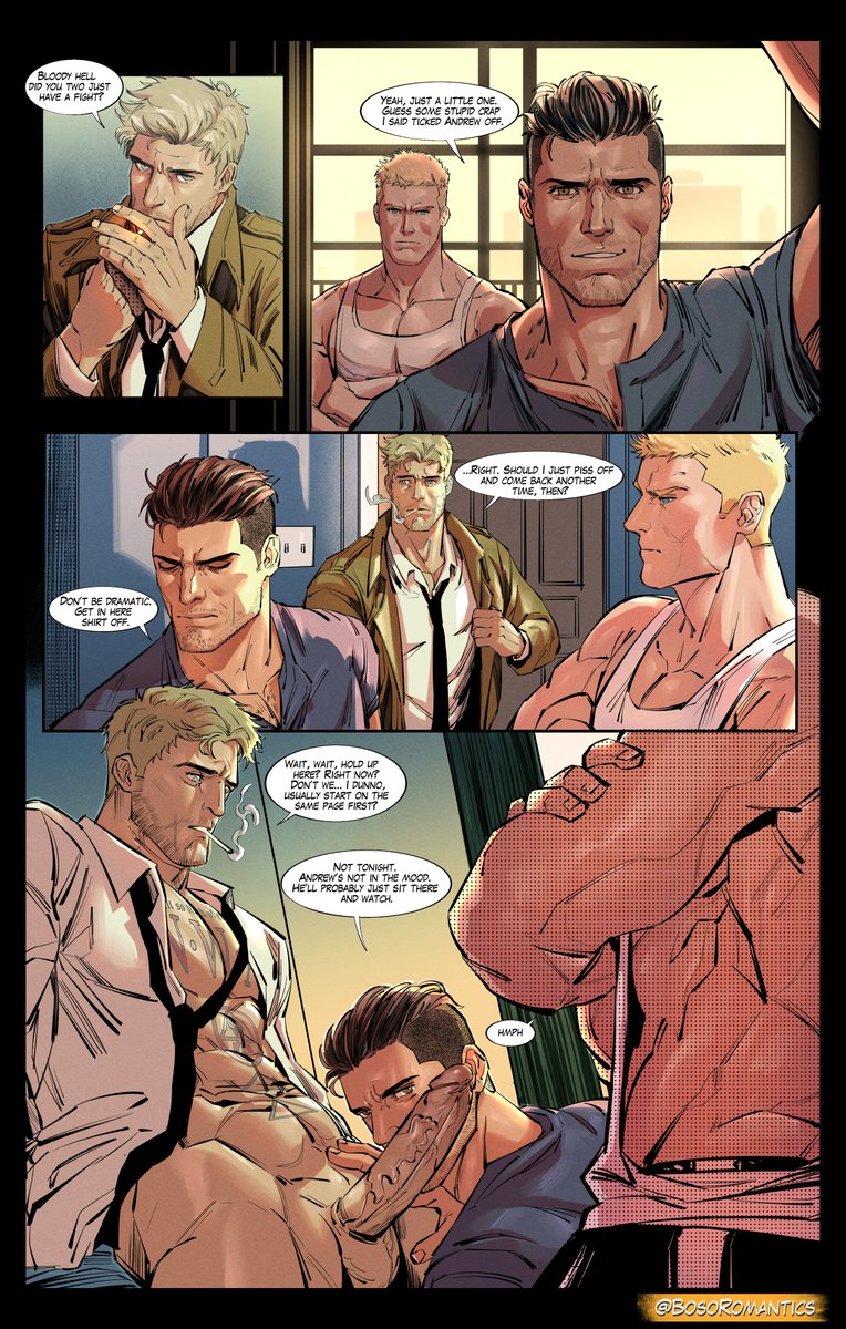 3boys, apollo (dc), bara, big penis, blonde hair, boner, bosoromantics, cigarette, comic, comic page, dc, dc comics, erection, gay, huge cock, huge penis, john constantine, justice league, male, male only, midnighter, muscular, muscular male, penis, tagme, thick penis, veiny, veiny penis, yaoi